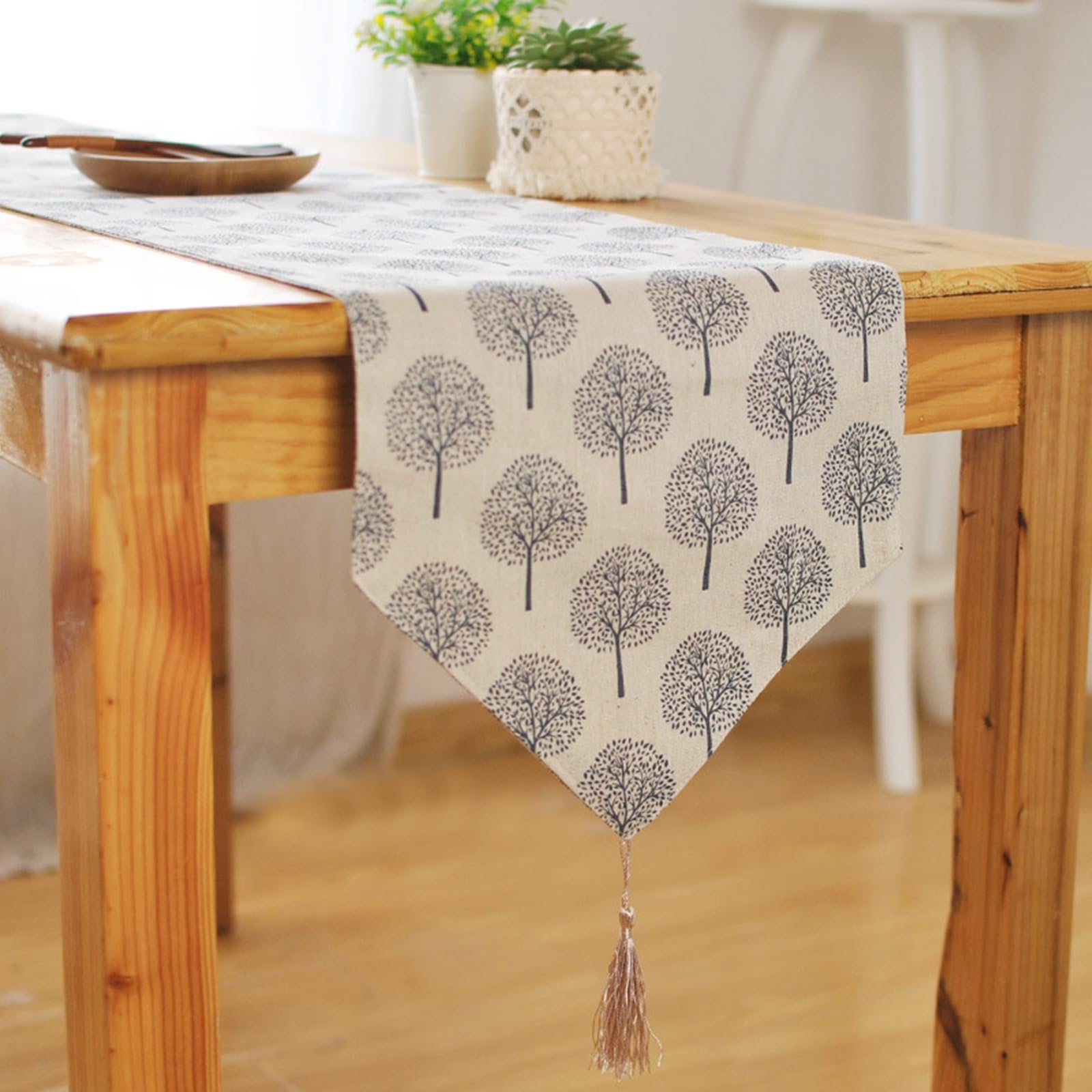 Tischläufer Modern Baumwollleinen, Tischläufer Landhausstil 30x200 cm, Baummuster mit Quasten