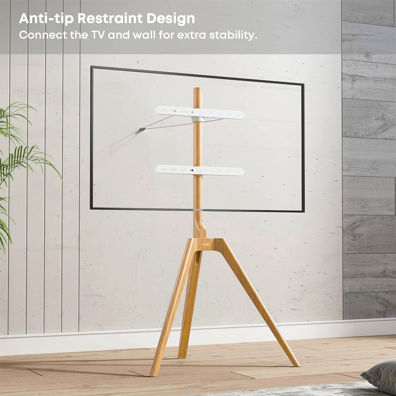 PUTORSEN Staffelei-TV-Stativ für Universal-Fernseher 114,3–165,1 cm, Massivholz, TV-Bodenhalterung mit Medien-Regal, höhenverstellbar und schwenkbar, TV-Ständer, unterstützt bis zu 88 l, max. VESA 400