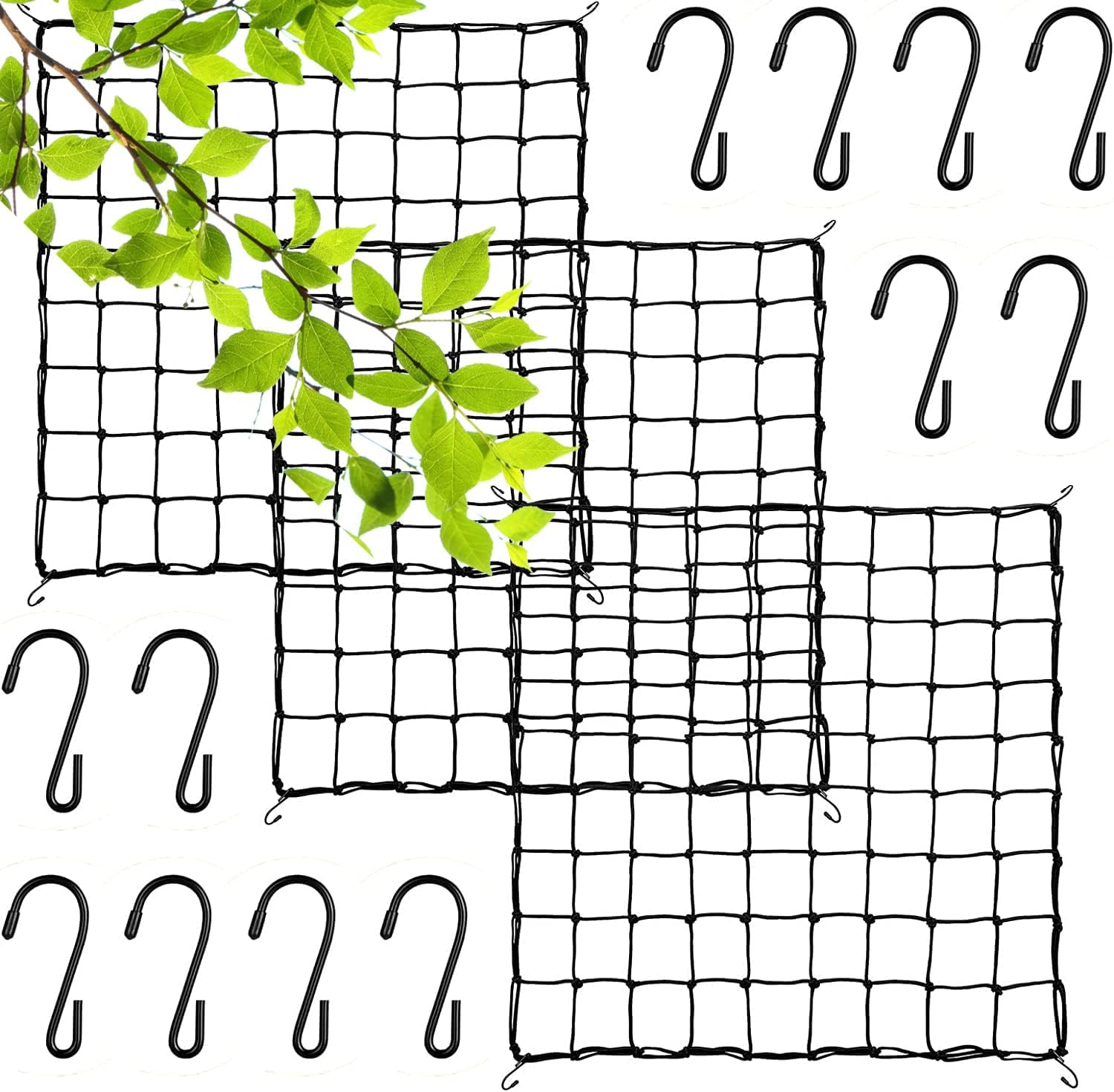 3PCS Grow Tent Net, Flexible Net Trellis Fits 5x5ft and More Size Grow Tent, Stretchy Trellis Netting with Hooks for Garden Balcony Yard Plants Growing and Climbing, Black