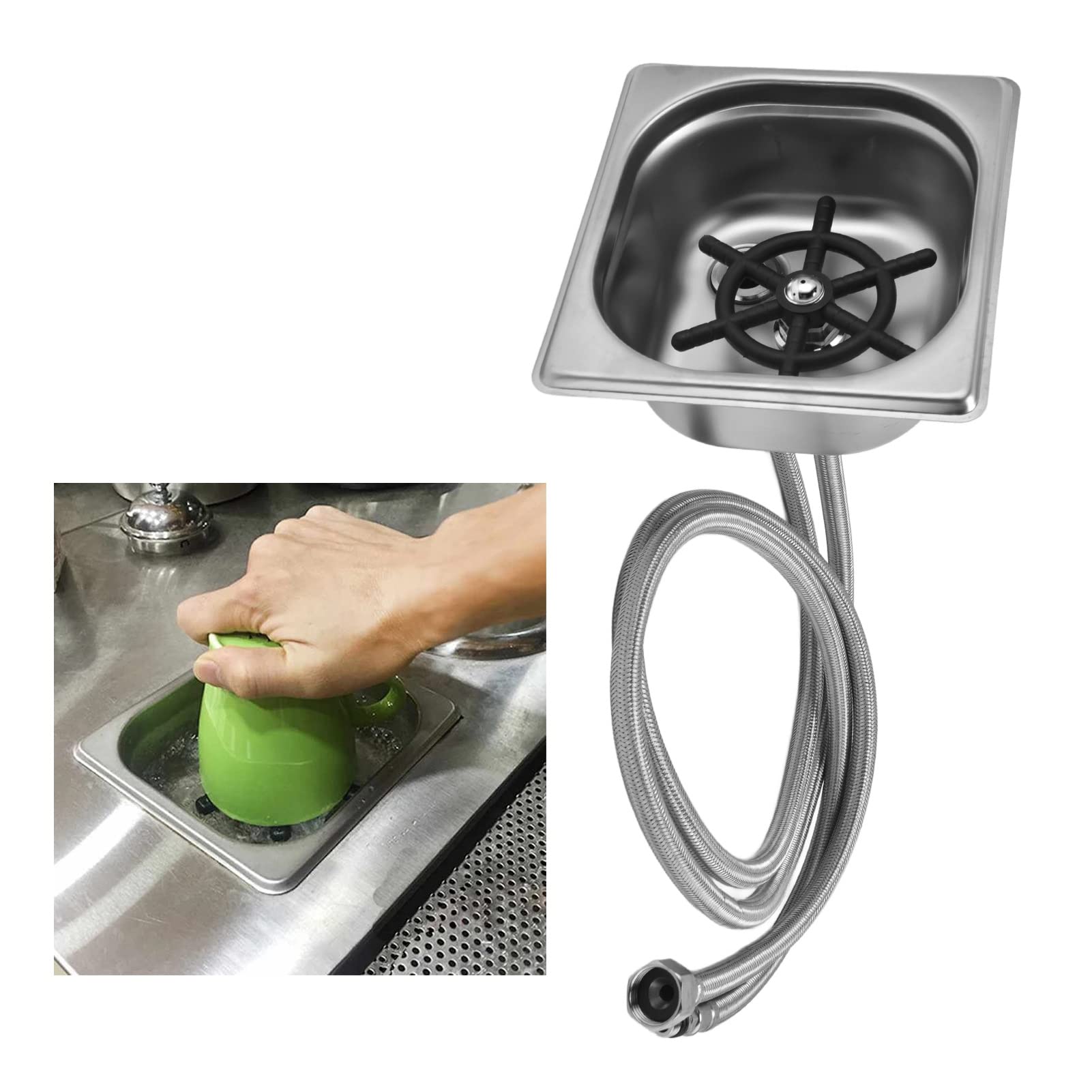 FLEXMAN Enjuagadora Vidrio para Fregadero, Enjuagadora Vidrio para Encimera Acero Inoxidable con 2 Mangueras Agua, Limpiador Automático Lavavasas para Bar, Pub (plata)