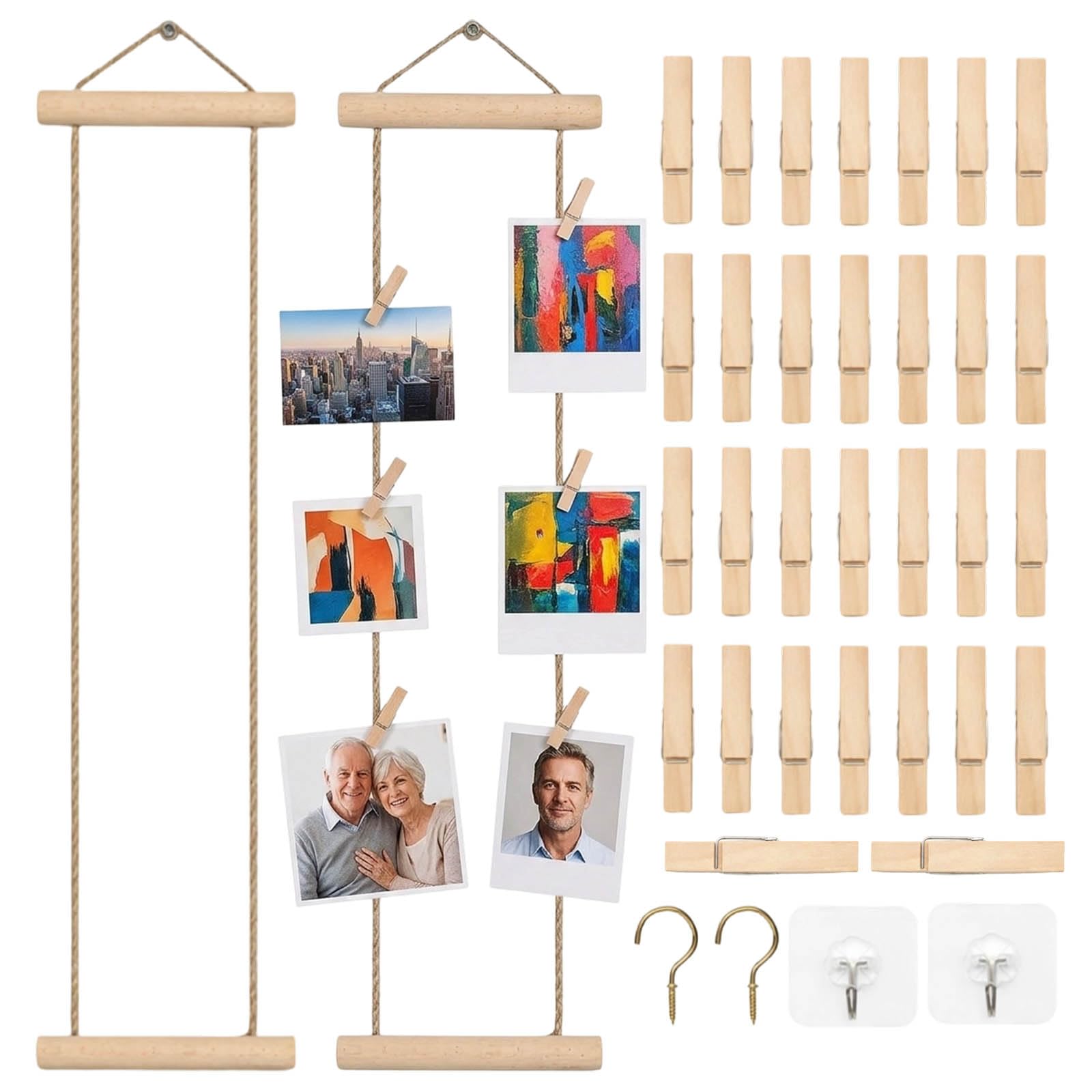 GYTFOG 2 PCS Hanging Photo Display Board, Wooden Photo String with 30 Clips and 2 Hook Wall Card Hanger, DIY Home Decoration Wall Display Suitable for Home Decoration, Measuring 100 by 14 Cm