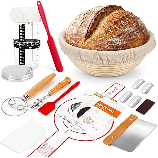 Kit completo para iniciantes de massa fermentada, suprimentos para assar pão, cesta redonda Banneton à prova de pão com pote de vidro e ferramentas, acessórios de padaria para fazer pão, fermentação