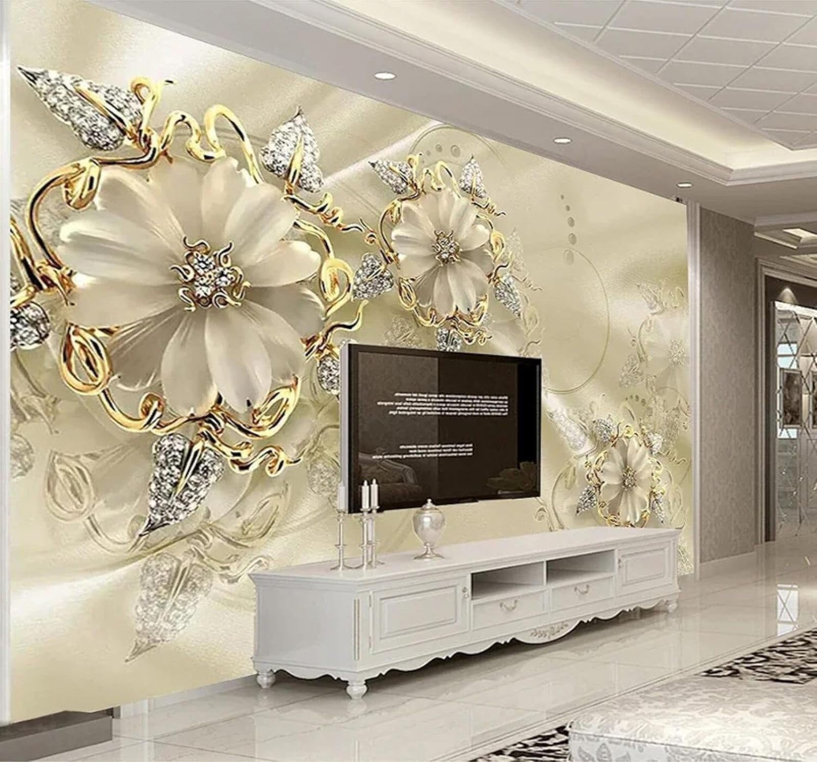 XLMING Luxury Diamonds Jewellery Gold Flowers Art 3D Wallpaper Luxury Home Dining Decor Paste Sofa Living Room The Wall for Bedroom Mural-150cm×105cm