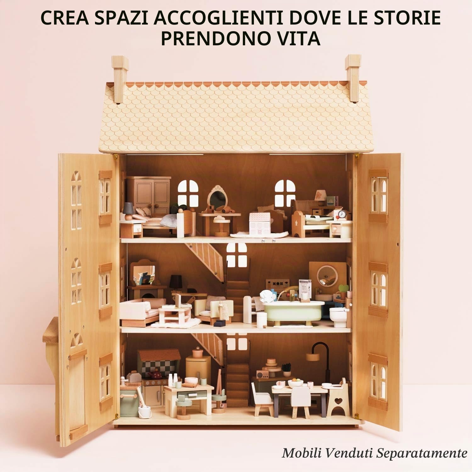 Casa delle Bambole in Legno Naturale FSC - 4 Piani con Finestre e Porte Apribili - Gioco di Ruolo e Fantasia per Bambini