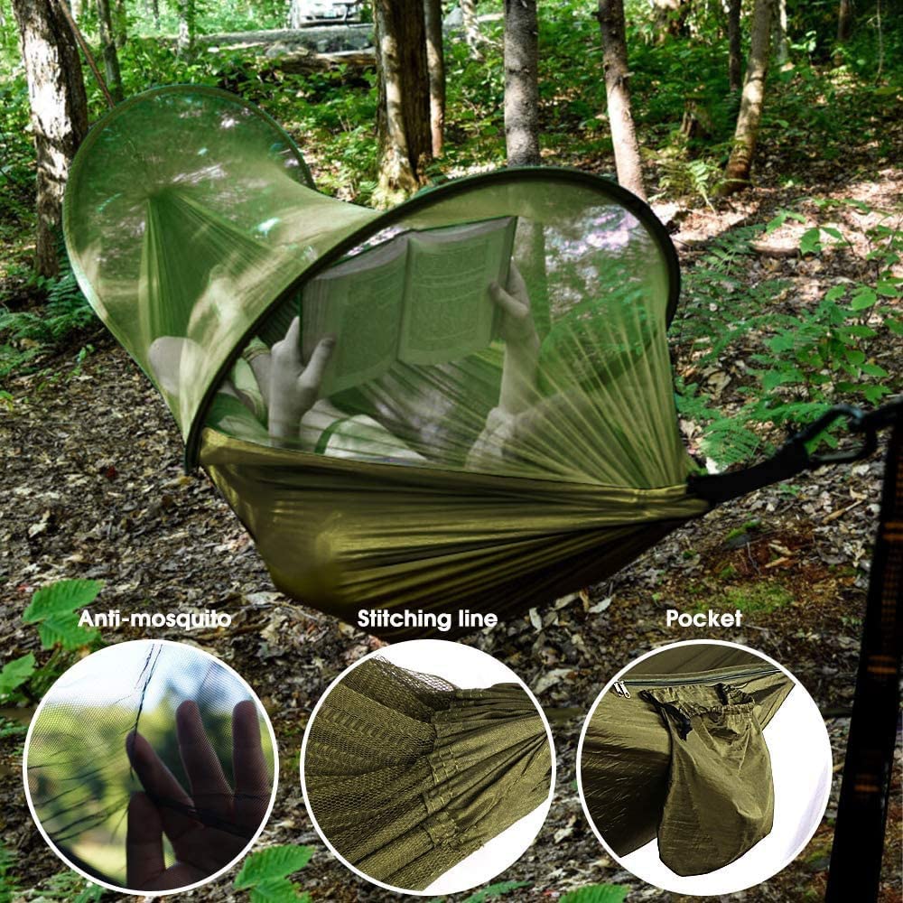 Hamak Kempingowy z Moskitierą, Przenośny Namiot Hamakowy Podróżny, Lekki Hamak Podróżny 2 w 1, na Patio Piesze Wycieczki Podróże (Color : Army green, Size : 290x140cm)