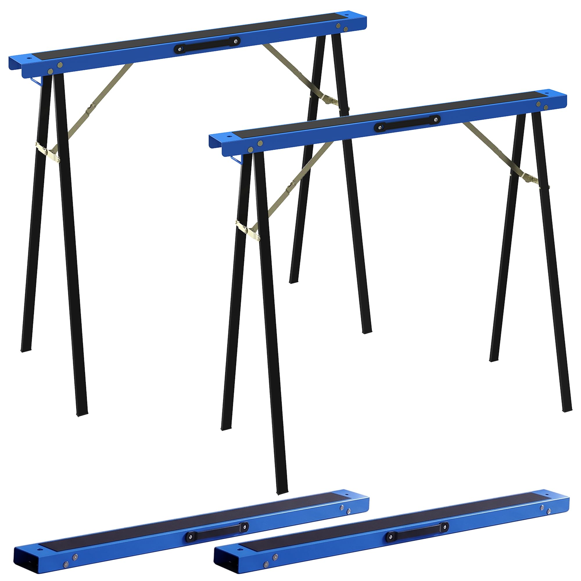 HOMCOM Set di 2 Cavalletti da Lavoro Pieghevoli in Metallo con Superficie Antiscivolo in EVA, Maniglia, per Lavori di Segatura, Cavalletto Salvaspazio per Legna, Carico Massimo 350 kg, Blu e Nero