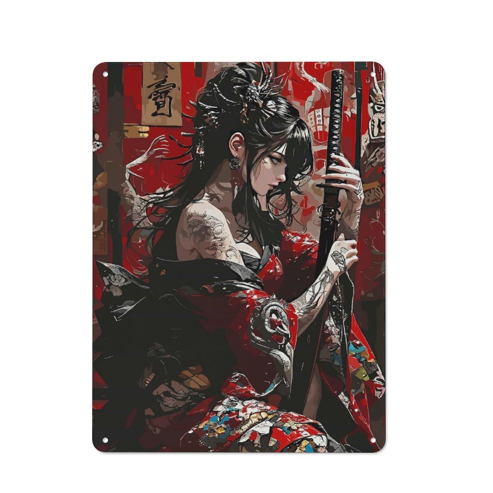 Junmoney Tattooed Geisha With Katana Metal Plaque 40X30cm With For Garage Wall, Retro Decor, Housewarming Present For People Styling Garage