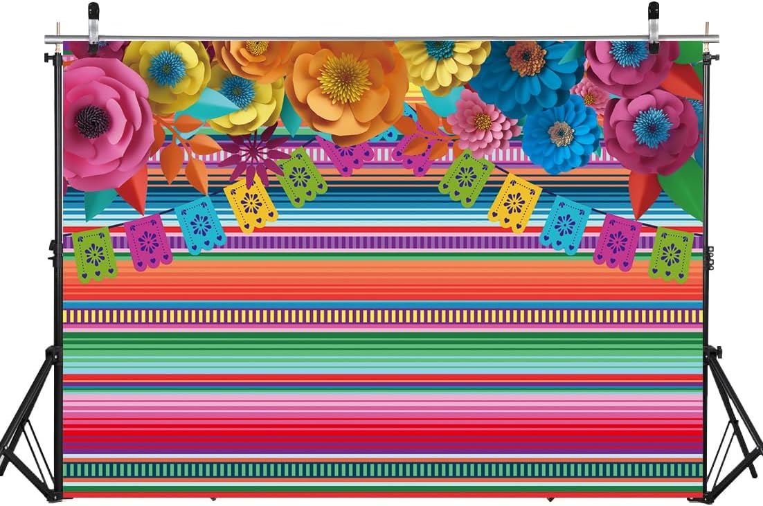 Mexican Fiesta Party Backdrop Fiesta Party Decorations 8x6FT Mexican Theme Striped Paper Flowers Background for Photography Baby Shower Birthday Party Decor Photo Props (96x72 inch)