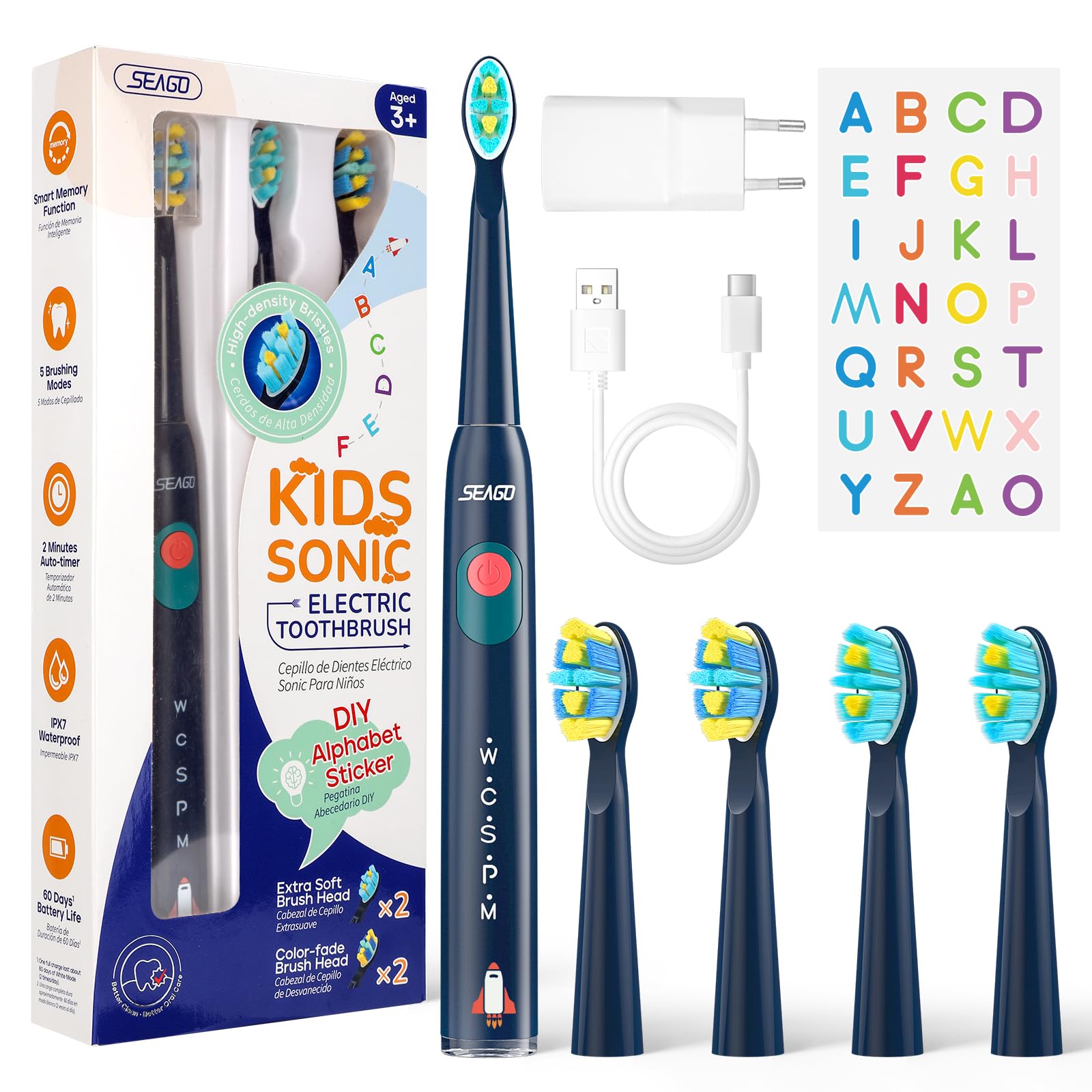 Seago Spazzolino Elettrico Bambini 6-12 Anni, Spazzolini Elettrici per Bambini Con Adesivi Fai Da Te Divertenti, Timer Da 2 Minuti, 4 Testine Spazzolino Bambini,Impermeabile IPX7 SG-2303, Blu