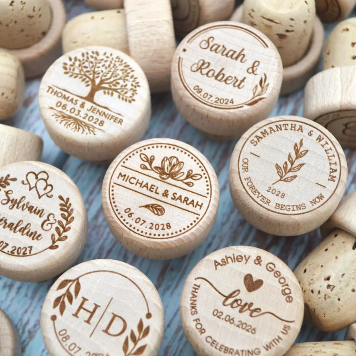 Tapones personalizados para botellas de vino de madera grabados con láser, tapón de corcho para recuerdos de boda, fiesta para invitados (100 unidades)