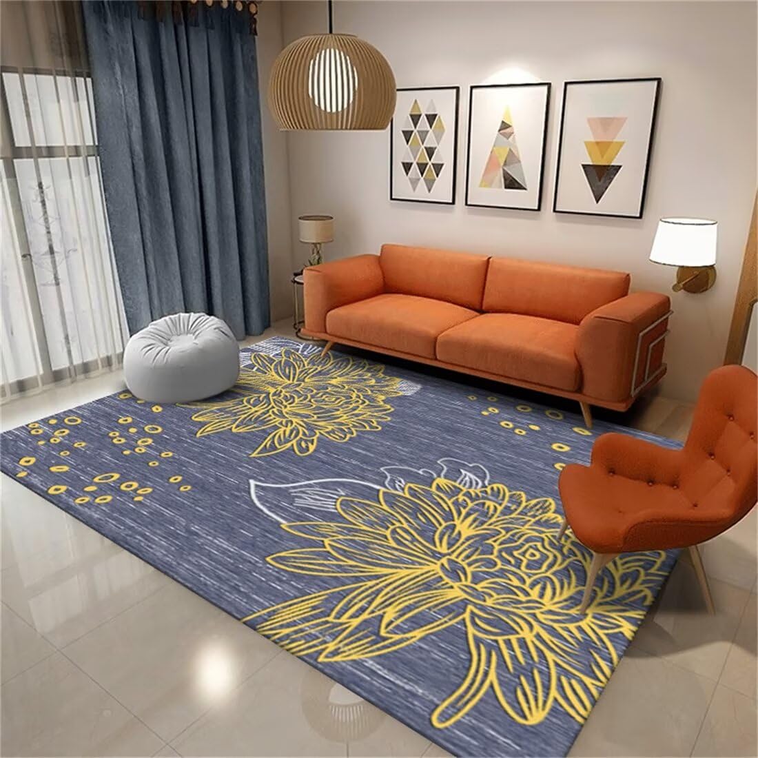 Tapis lavable bleu floral 80x160cm idéal pour décoration chambre fille et enfant