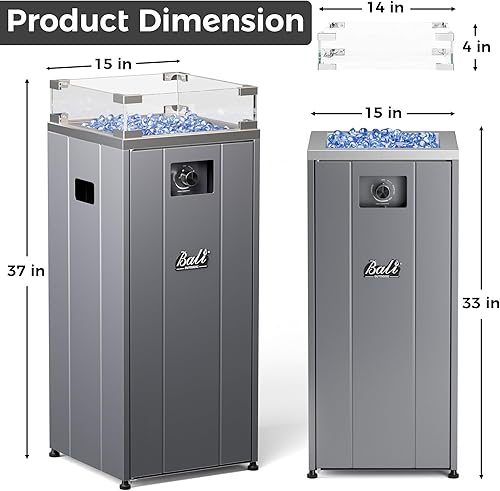 Miniatura 9 de BALI OUTDOORS Chimenea de gas de 15 pulgadas, cuenco exterior de propano con protector de viento de vidrio, chimenea cuadrada para patio con piedra