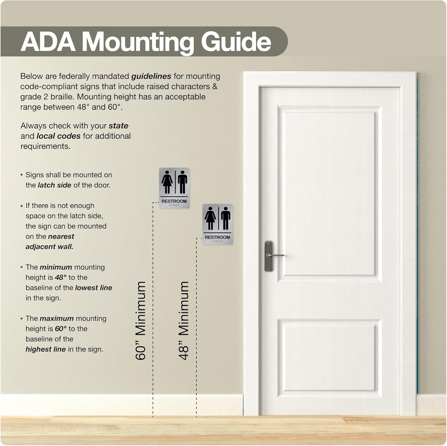 ADA Braille Unisex Bathroom Sign with Double Sided 3M Tape (Pack of 2) - Aluminum unisex bathroom signs for Business 6” x 8” for Offices and Restaurants