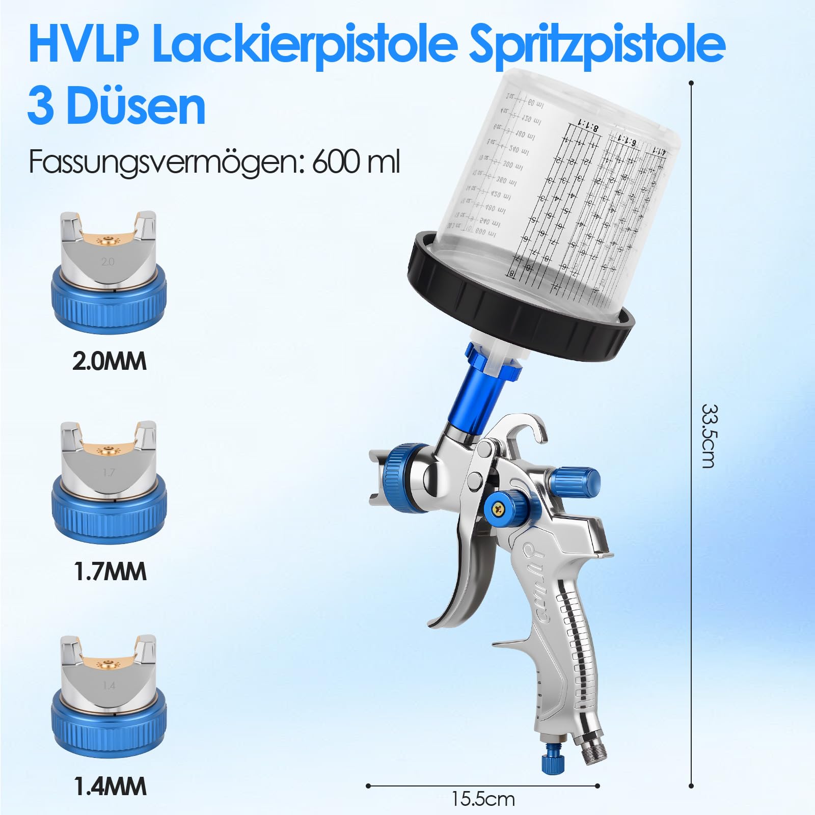 HVLP Lackierpistole Spritzpistole Kit mit 3 Düsen (1,4/1,7/2,0 mm), Profi Lackierpistole Druckluft mit 10 Stück 600ML Einwegbechern Spritzpistole Cups, einstellbarem Luftdruck & Fluss