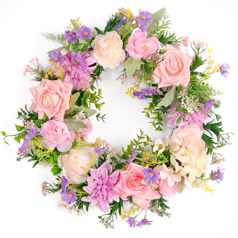 Couronne de printemps de pivoine pour porte d'entrée d'été à l'extérieur, couronnes de roses artificielles de 45,7 cm, couronne de feuilles de verdure pour toutes les saisons, décoration murale