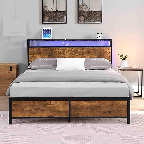 Miniatura 7 de Base de cama Queen con luces LED y 2 puertos USB, marcos de cama industriales con cabecero, marco de cama de plataforma moderna con espacio de