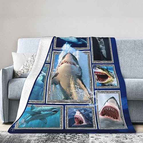 Miniatura 5 de Manta de tiburón para los amantes de los tiburones, regalo de franela de vellón con tiburones peces oceánicos, manta acogedora de felpa ultra suave