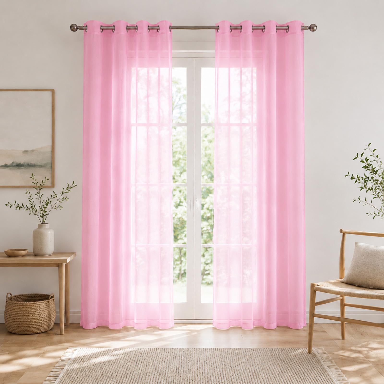 SSWH Voile Curtains Semi Sheer Net Curtains for Windows, Solid Color Light Filtering Eyelet Panels for Living Room Bedroom Kitcken(Size:100x130cm/W 39" x L 51" (2 Panels),Color:Pink)