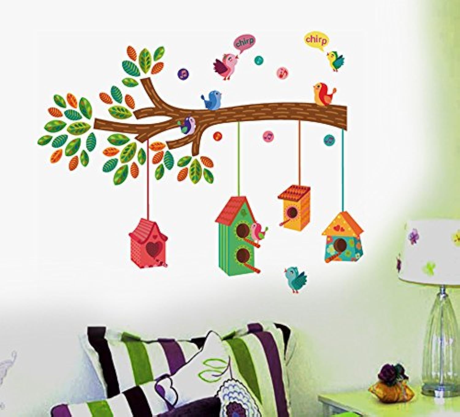 Decals Design Stickerskart Wall Stickers Nursery Colourful Bird House On A Branch (Wall Covering Area: 100cm x 100cm,Product Dimensions: 50x70cm)