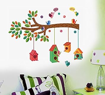 Decals Design ' Bird House on a Branch' Wall Sticker (PVC Vinyl, 70 cm x 25 cm, Multicolour) - image, photos
