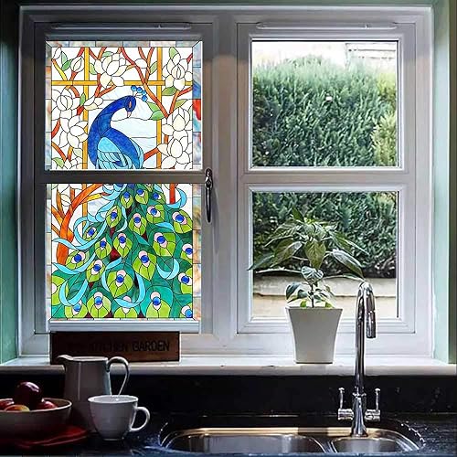 Miniatura 3 de Película de privacidad para ventana, esmerilado, diseño de pavo real, sin pegamento, decorativo con bloqueo UV, control de calor, cubiertas de