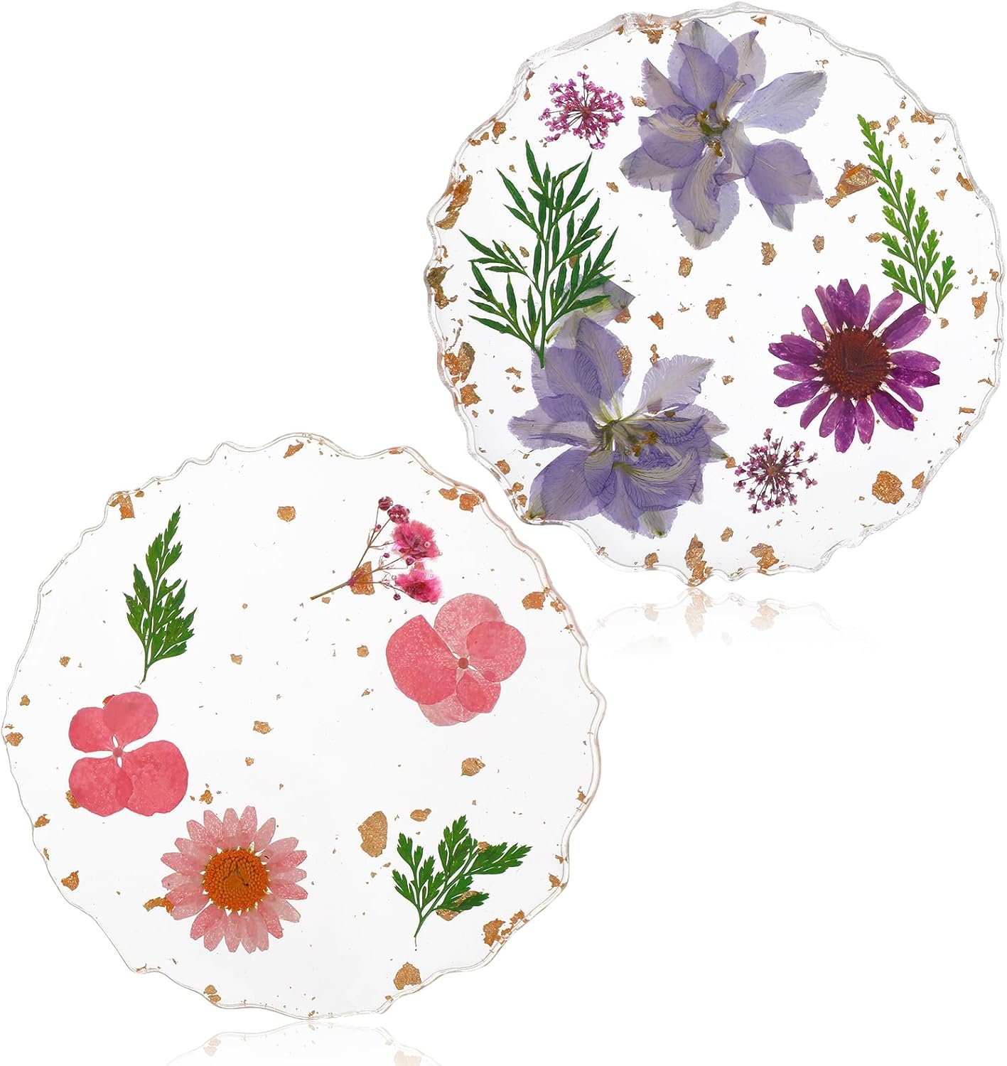 2PCS/Set Dried Flower Coasters, Non-Slip Decorative Floral Resin Coasters, Reusable Exquisite Flower Coaster for Coffee Table Desk Kitchen Bar Mugs(Random Color Scheme)