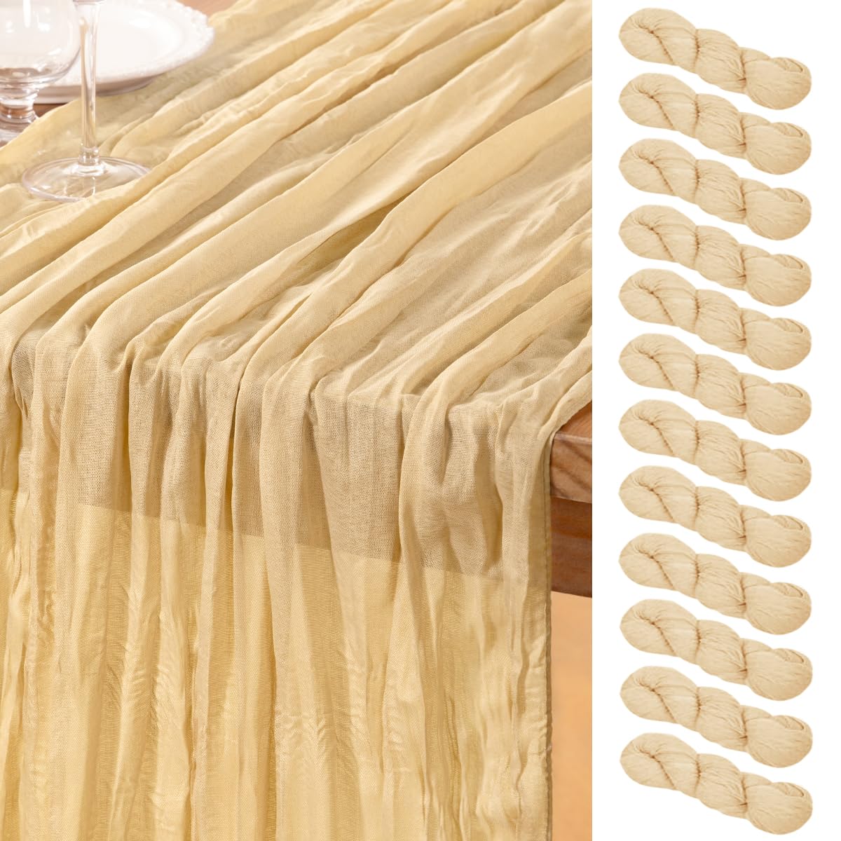Photo 1 of ***MINOR CUTS***DeZerlor Champagne Gold Cheesecloth Table Runner 12 Pack Summer Table Runners Boho Gauze 120 Inches Cheese Cloth Table Decor for Wedding Bridal Baby Shower Parties