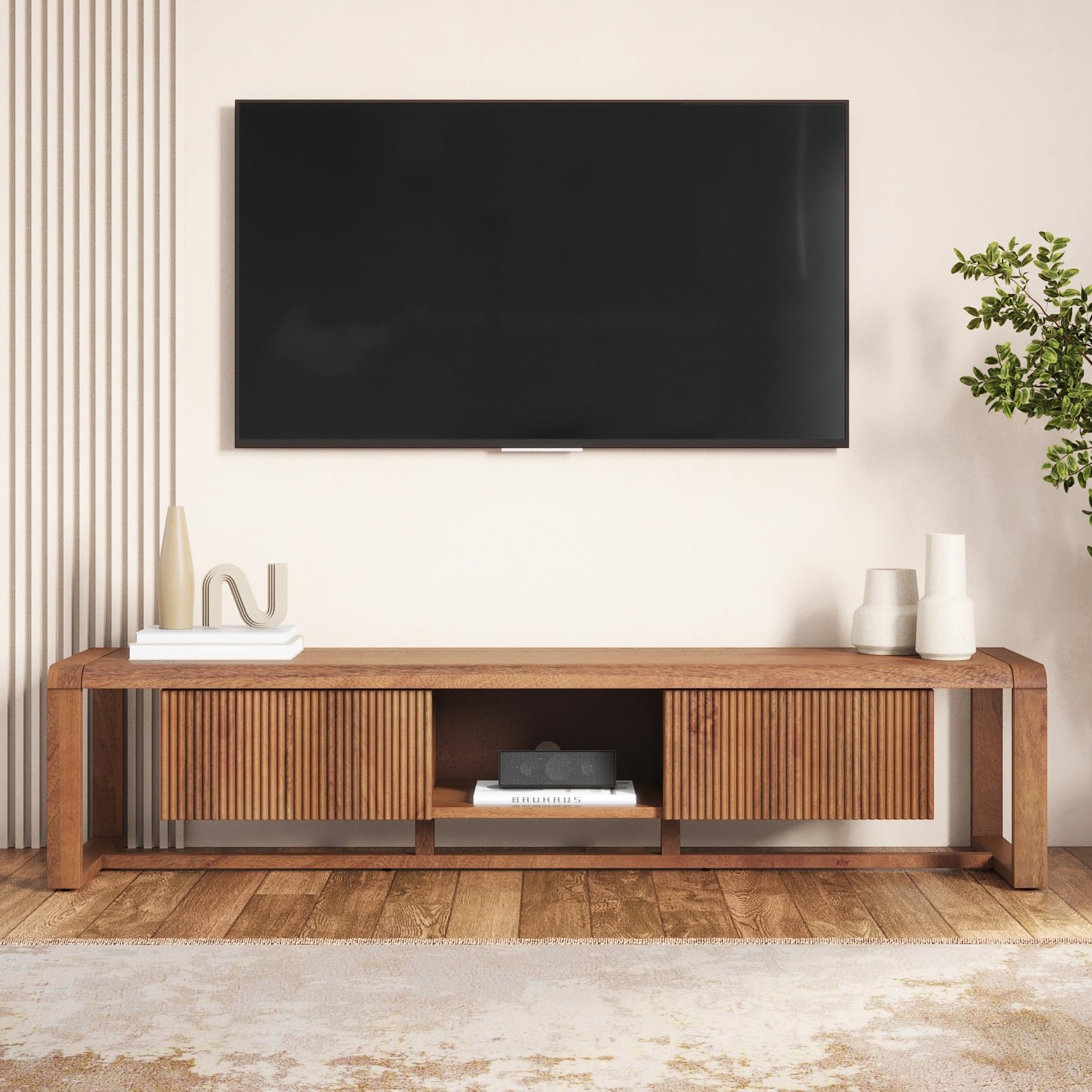Levon Artisan Fluted Solid Mango Wood TV Unit with Sliding Doors Modern Mid-Century Entertainment Console Walnut Finish-image-8