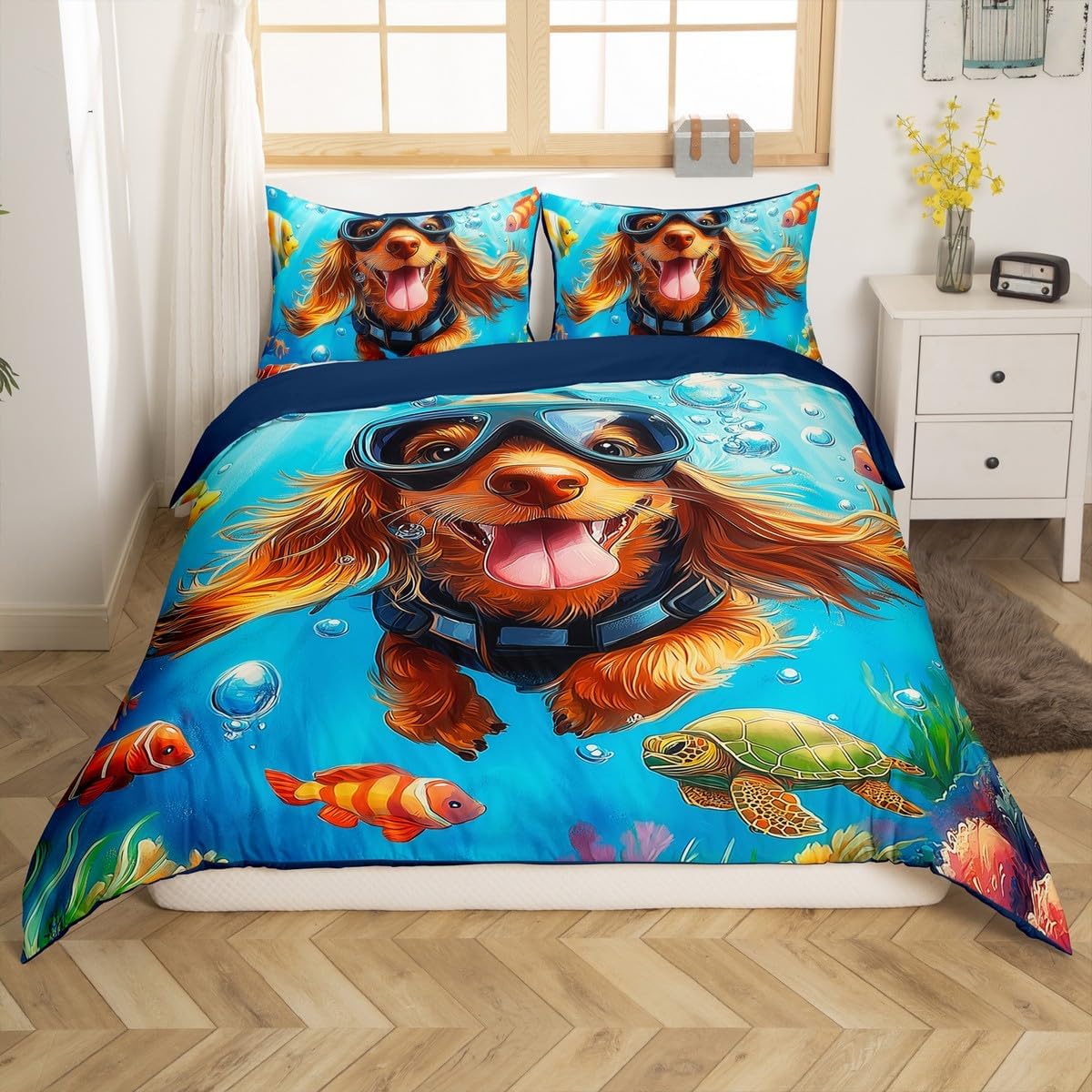 Golden Retriever Duvet Cover Set Toddler Size,Undersea Diving Puppy Dog Animal Pet Bedding Set,Boys Girls Room Decor,Marine Sea Turtle Clownfish Comforter Cover,Blue Quilt Cover,1 Pillowcase,No Filler