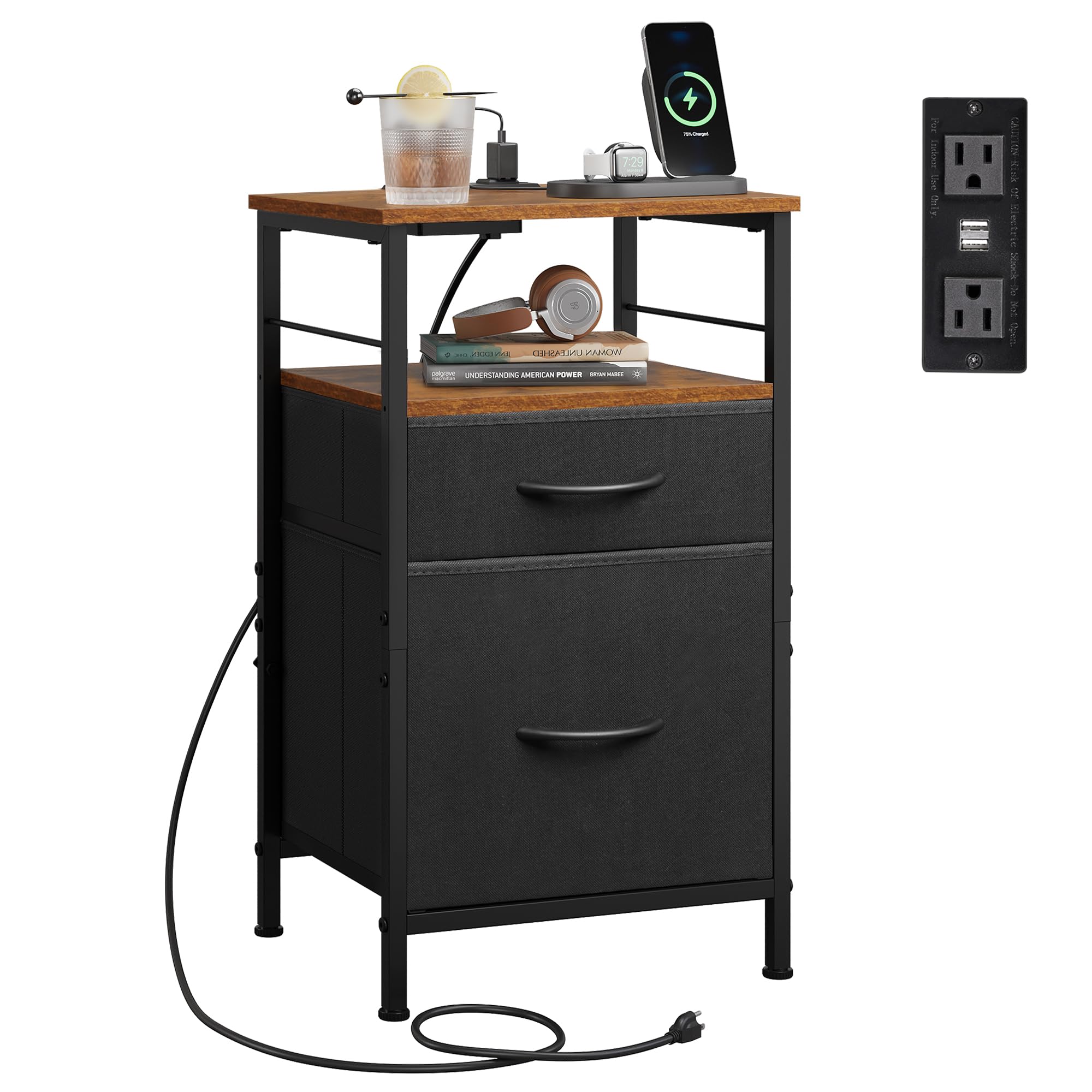WLIVE Nightstand with Charging Station, Night Stand with 2 Fabric Drawers, Bedside Table, Small Dresser for Bedroom, Side Table with USB Ports and
