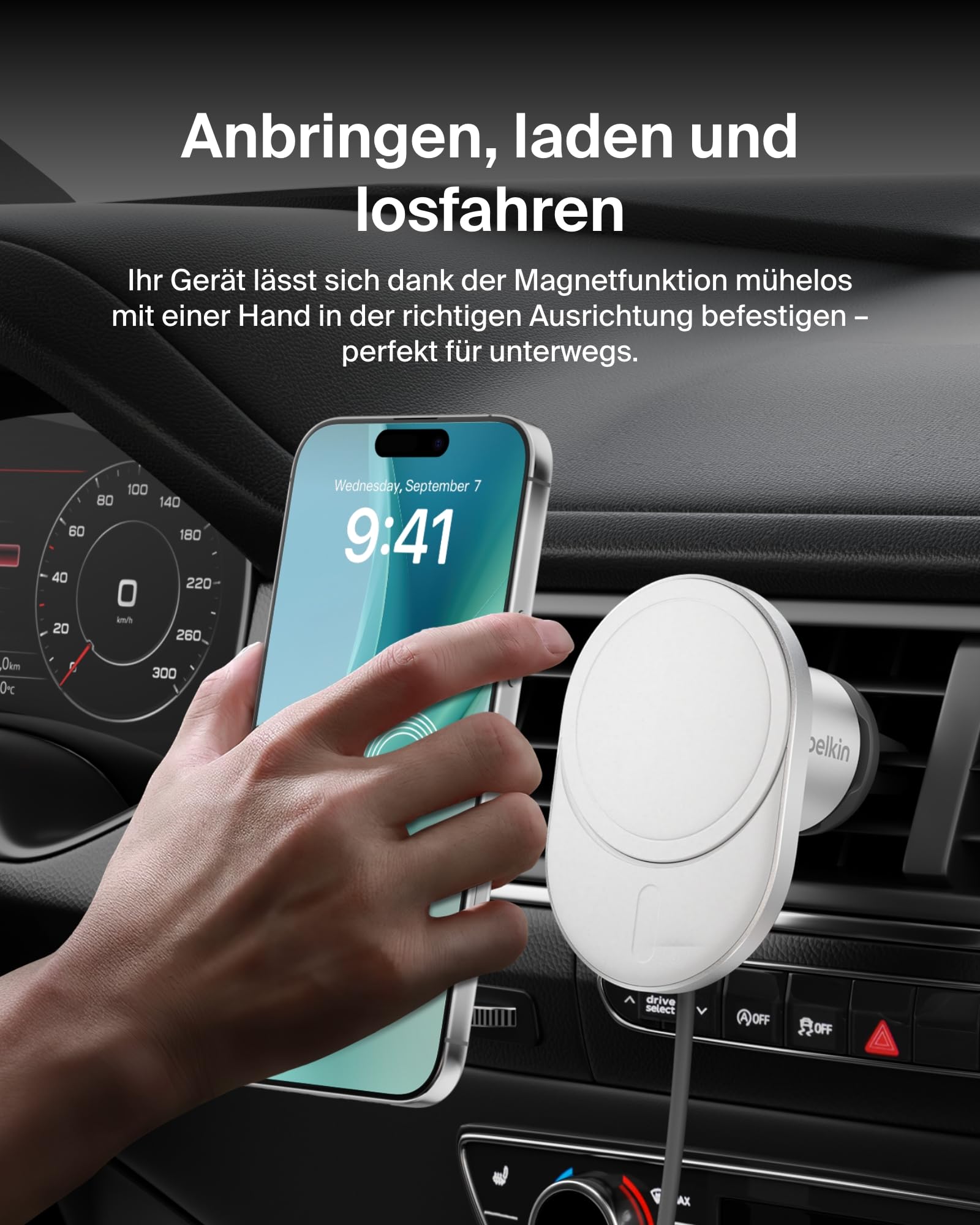 Belkin BoostCharge Pro magnetisches kabelloses Kfz-Ladegerät mit Qi2 (15 W), MagSafe-kompatibles Auto-Ladegerät für iPhone-Serien 17, Air, 16, Pixelsnap, mit USB-C Kabel und 20-W-USB-C-Kfz-Netzteil