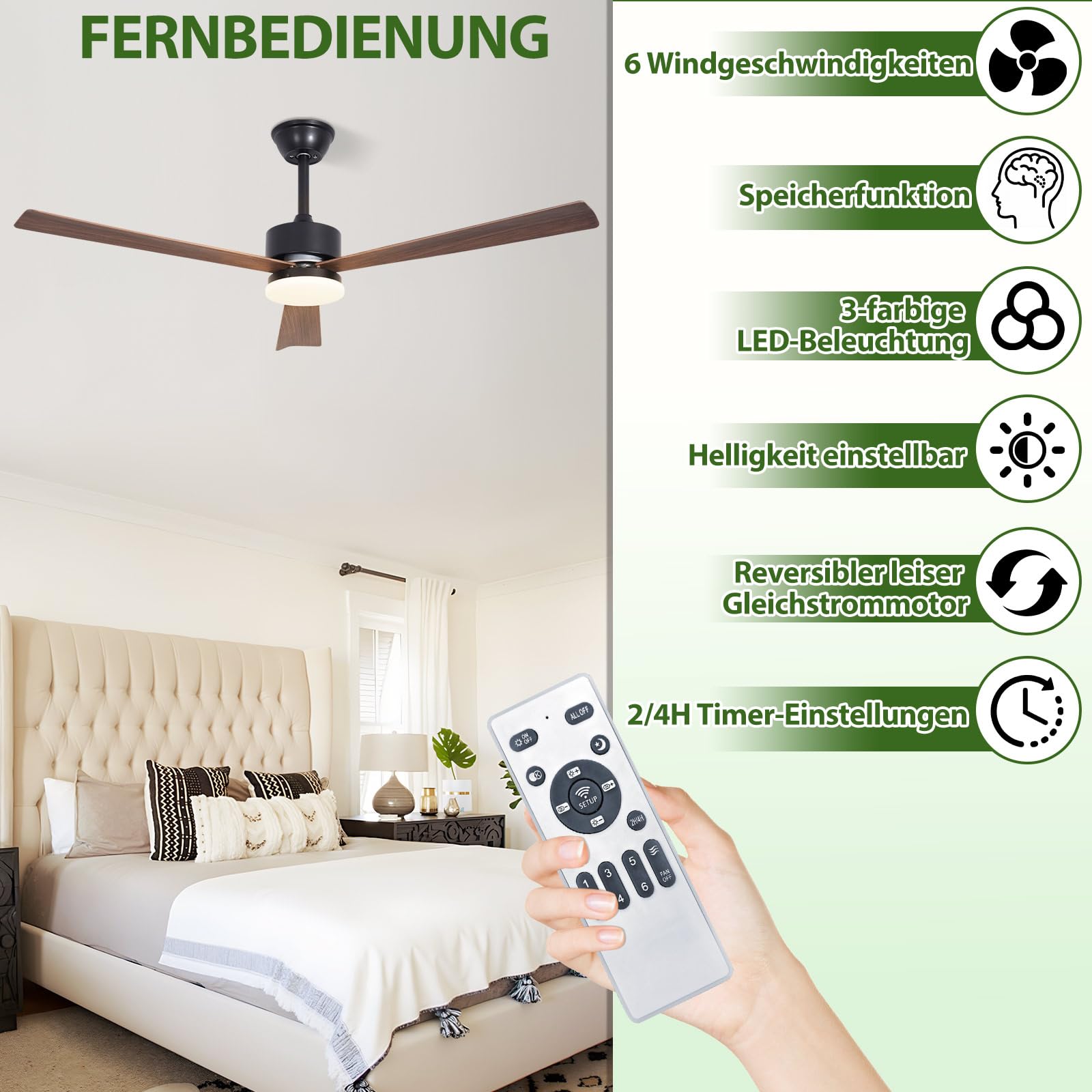 Glitzerlife LED Deckenventilator mit Beleuchtung und Fernbedienung | 22W Deckenventilatorn leise 131cm Ventilator mit Licht Dimmbar 6 Gang Timer Deckenlampe Ventilator Schlafzimmer Wohnzimmer