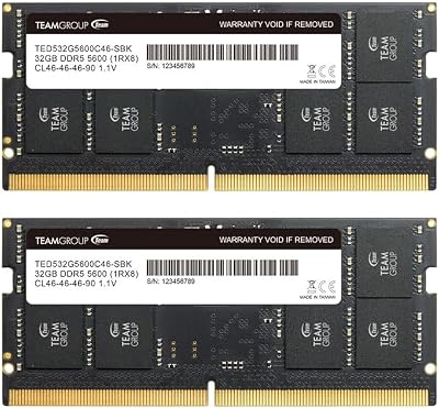 TEAMGROUP Elite TED564G5600C46ADC-S01 Module de mémoire RAM DDR5 64 Go (32 x 2 Go) 5600 MHz (PC5-44800) CL46 Non-ECC sans tampon 1,1 V 262 broches pour ordinateur portable