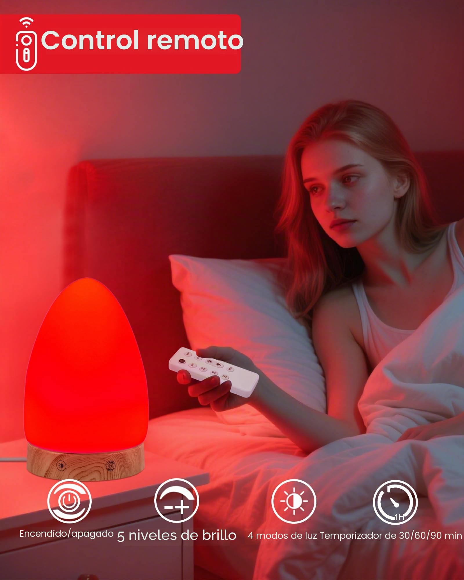 Aoife Lámpara de luz nocturna roja para dormir, lámpara de escritorio roja con longitud de onda de 670 nm, multicolor y opciones de brillo, control remoto, carga USB, diseño elegante