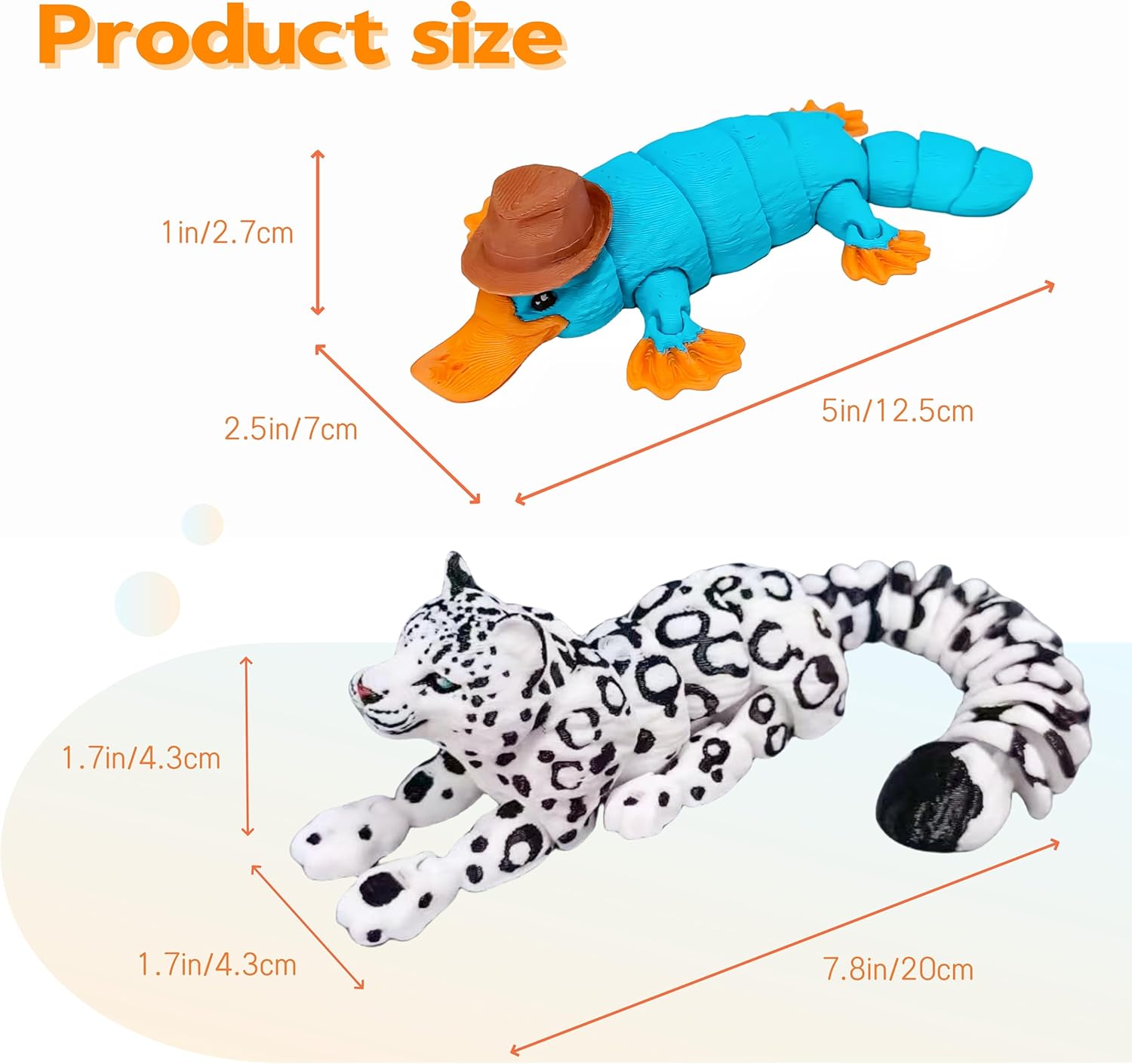 2Pcs 3D Printed Animals - Movable Joints, Desktop Home Office Decorations, Birthday, Halloween (Snow Leopard, Platypus)