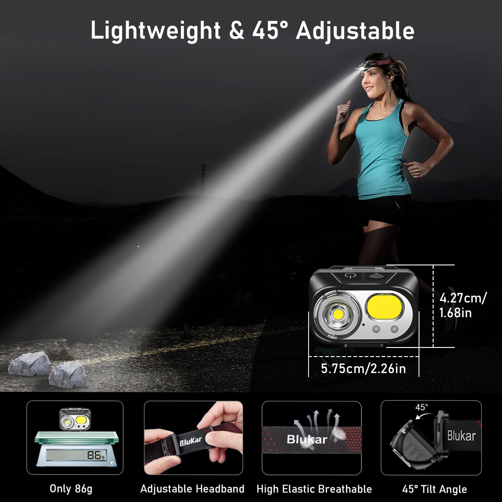 Blukar Torcia Frontale LED Ricaricabile, 2000 Lumen Super Luminosa Lampada Frontale, 10 Modalità & Dimmerabile in Continuo, IPX5 Impermeabile Torcia da Testa per Campeggio/Trekking/Pesca/Emergenza
