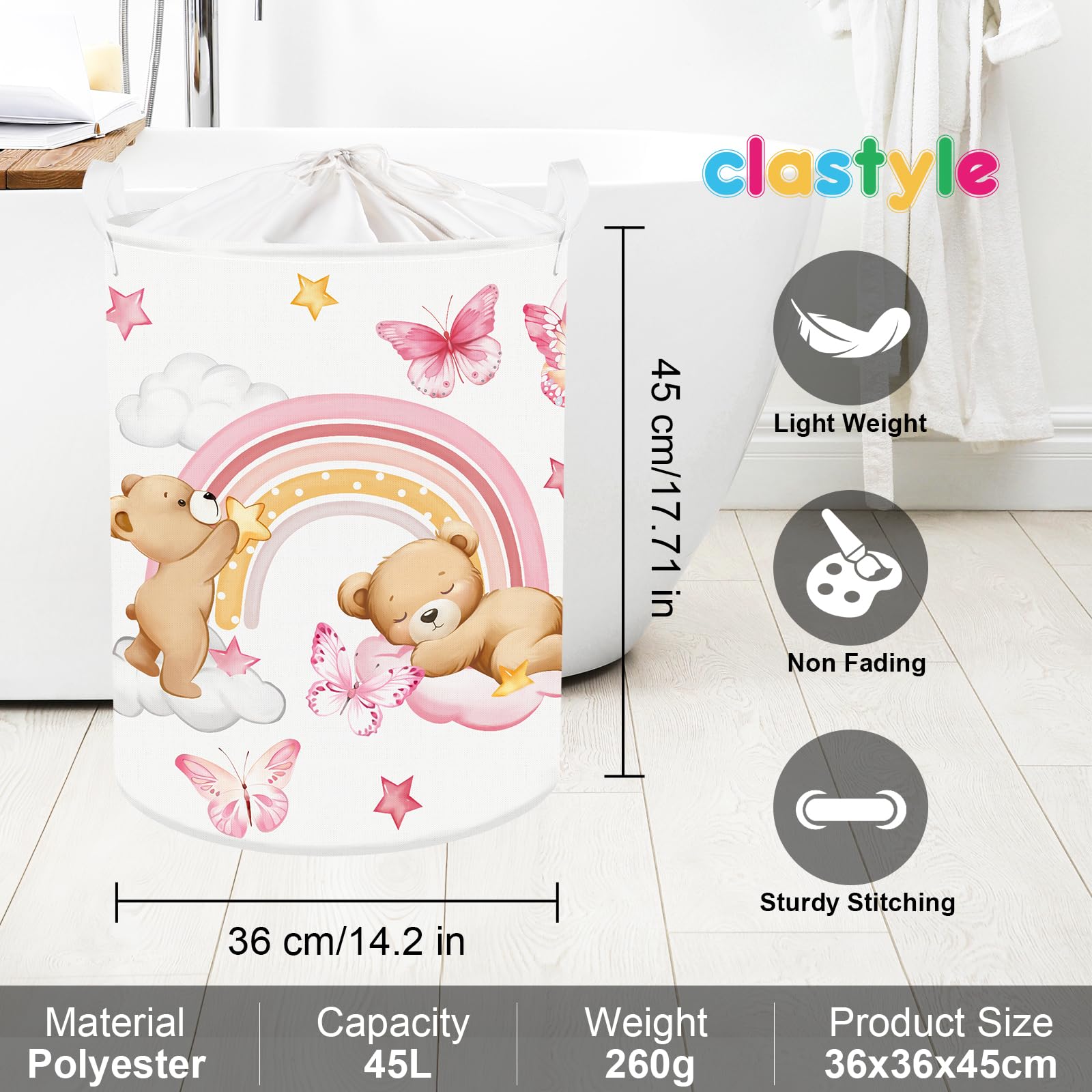 Panier à Linge 63L Arc-en-Ciel Fleurs Rose – Corbeille Jouets/Vêtements Enfant Fille, Imperméable