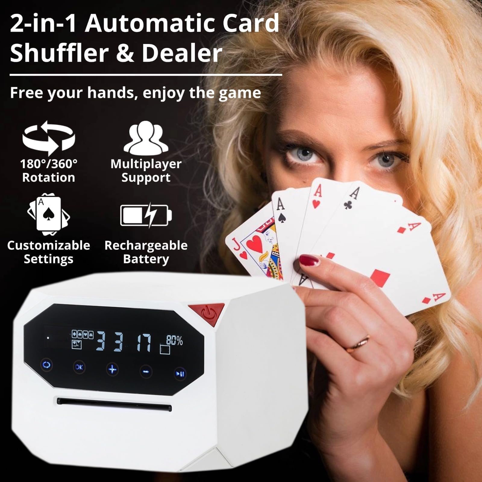 Mélangeur automatique de cartes - Distributeur portable rotatif à 360° pour 2 à 12 joueurs - Rechargeable 2500 mAh - Idéal pour UNO, Poker, Texas Hold'em