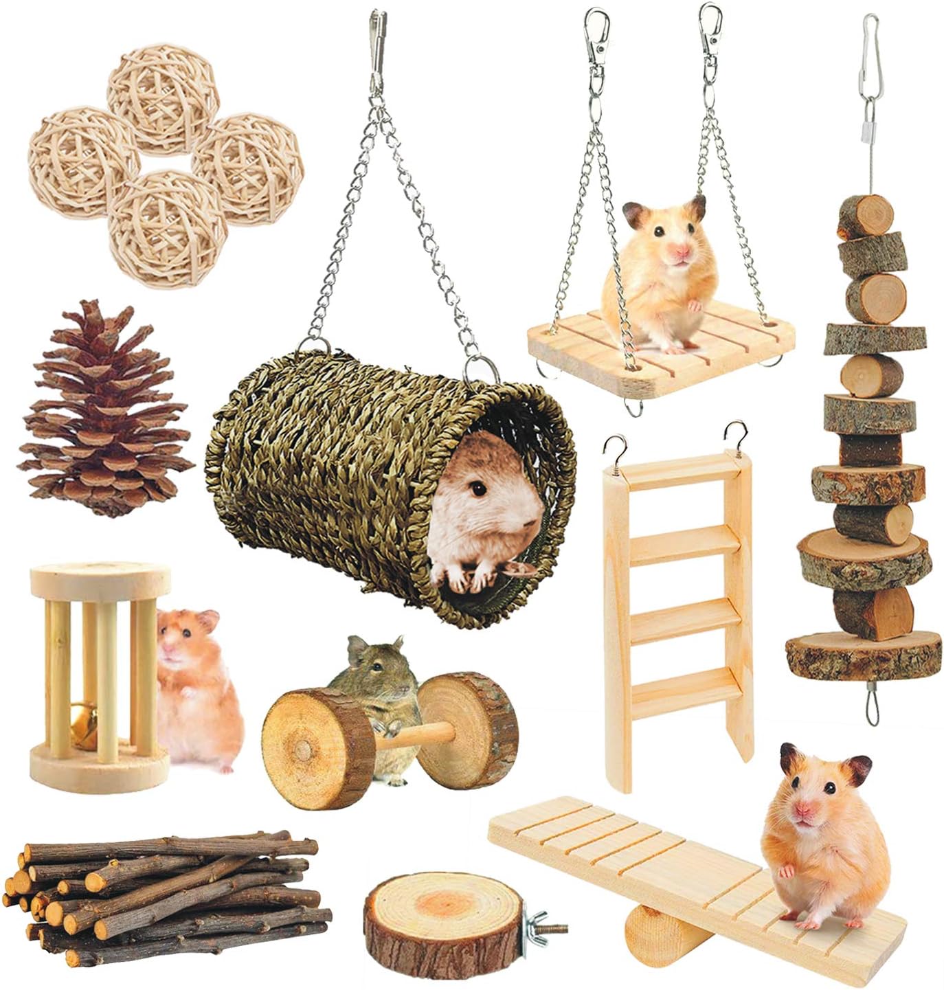 SUSYEE 14 Pcs Hamster Chew Toys Hammock Apple Wooden Dumbells Exercise Bell Roller Teeth Care Molar Toys Suitable for Rat Chinchilla…