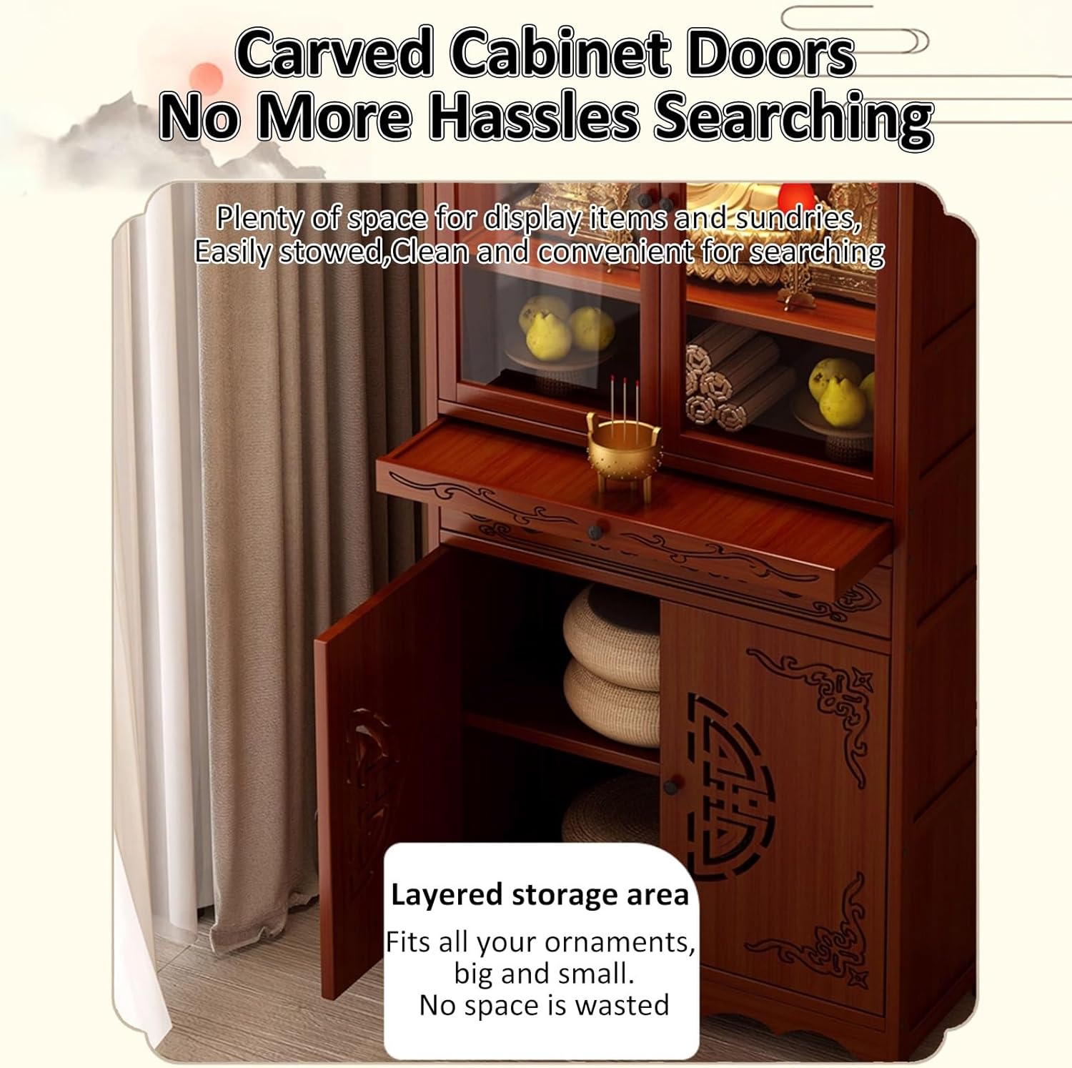 Bamboo Altar Cabinet Temple Altar Table Chinese Buddhist Cabinet Altar Table with Double Door Storage Buddhist Shrine Prayer Stand with Storage Drawer Offering Rack for Home Decor(20.87x12.99x66.93in)