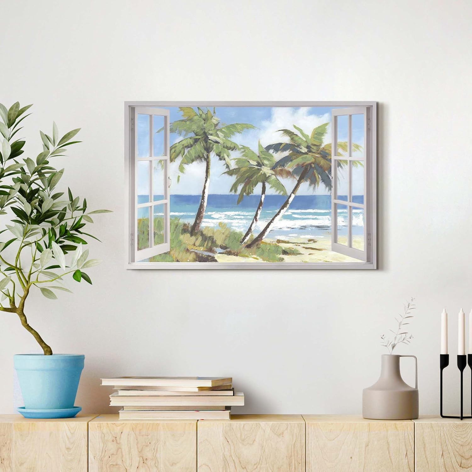 summer melody Serene Beach Canvas Wall Art - Palm Tree Picture Coastal Tropical Window Artwork Ocean Waves Painting for Living Room Bedroom