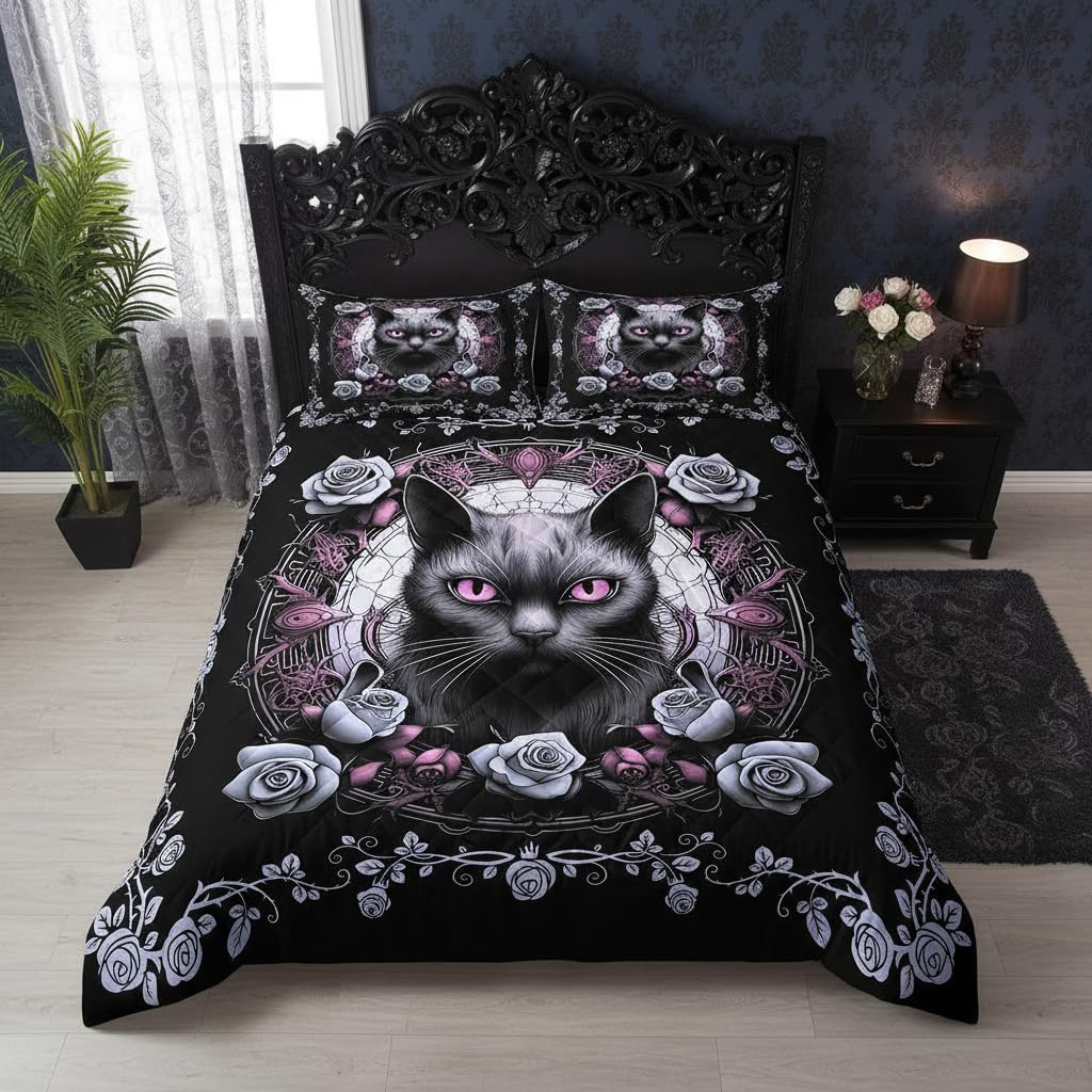 Gothic Cat Duvet Cover Set Full Size,Rose Flower Bedding Set 3Pcs,Halloween Theme Animals Comforter Cover for Kids Boys Teens Men Home Decor, Romantic Black Purple Style Quilt Cover,2 Pillowcases