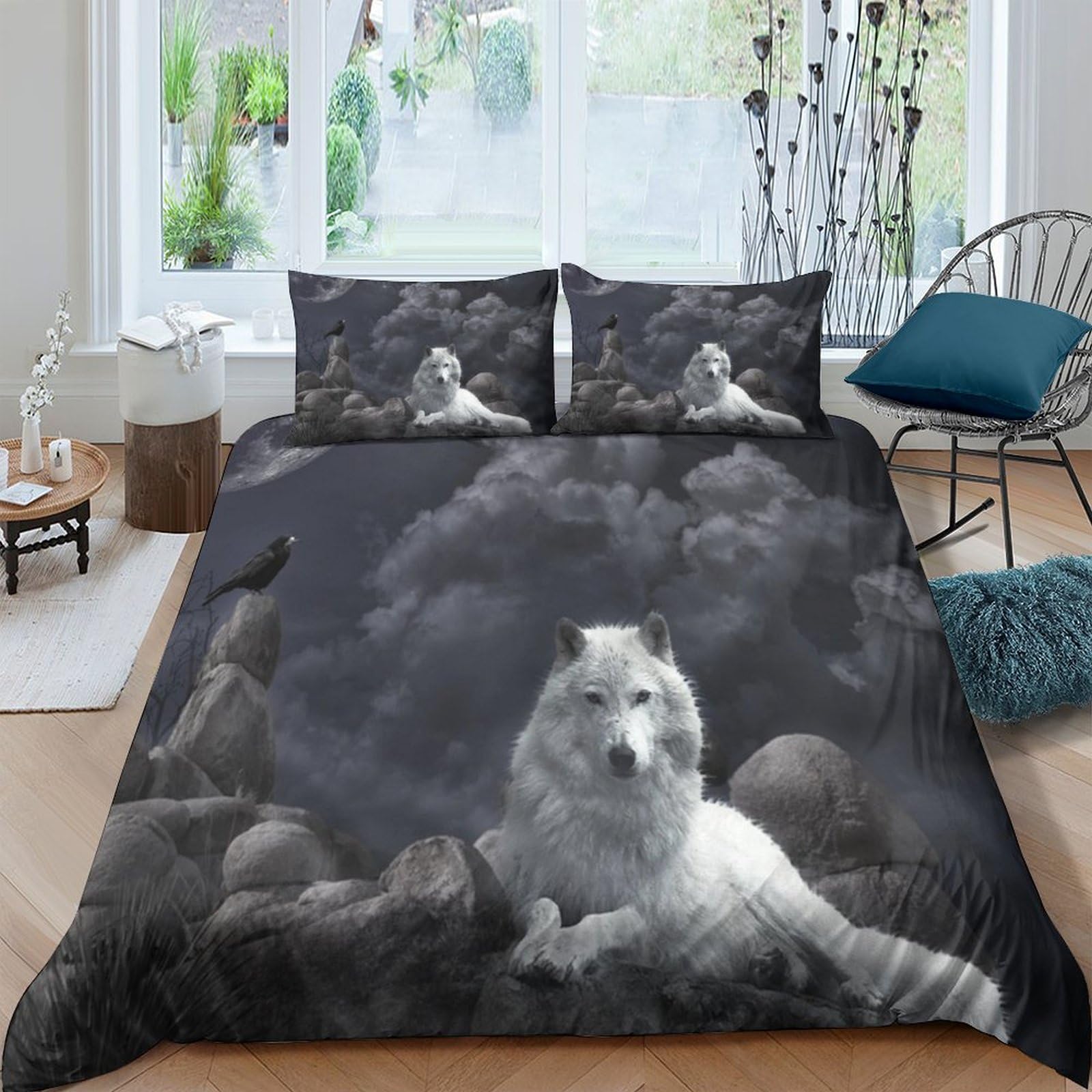 Funda nórdica de lobo blanco 220x240 cm con 2 fundas de almohada de microfibra para cama king