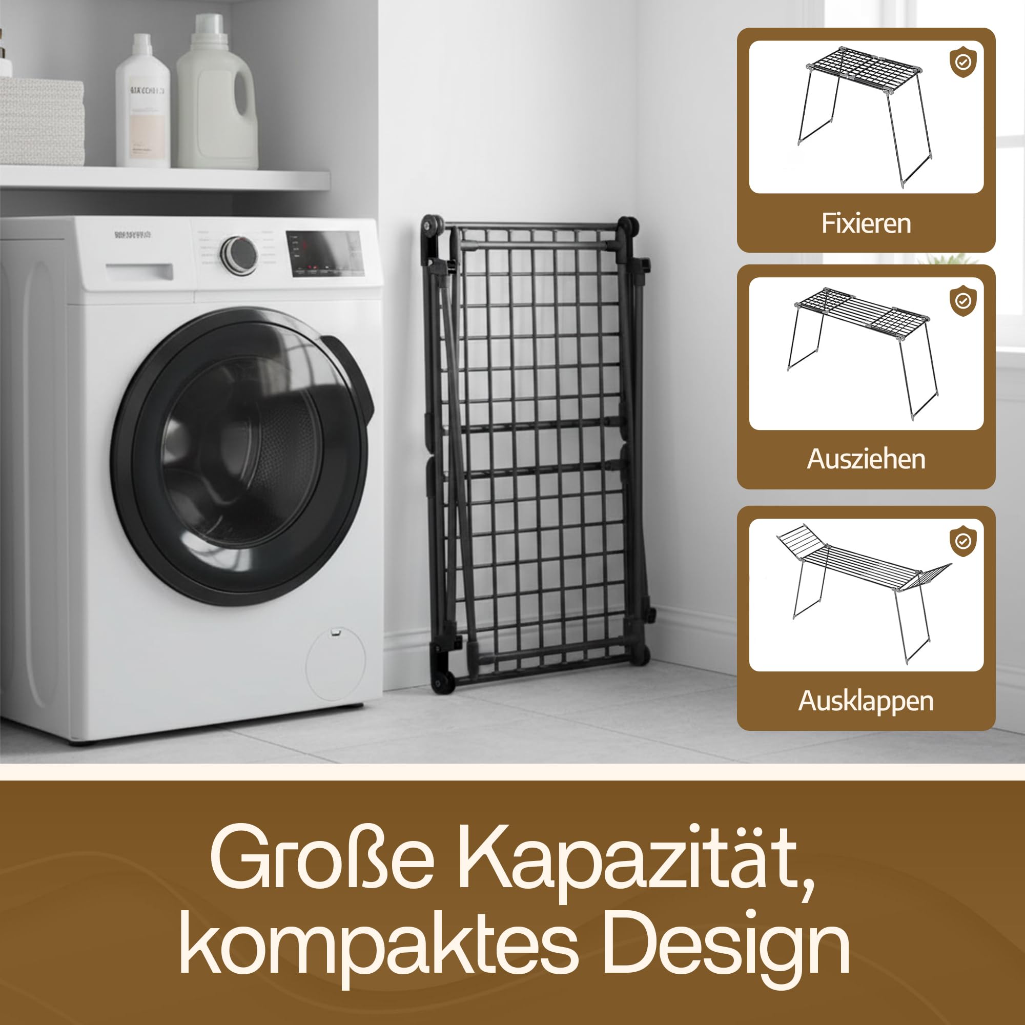 Meisterhome® Wäscheständer Schwarz – Ausziehbar & Klappbar – 25 m Trockenlänge – Stabiler Wäscheständer aus Carbonstahl – Extra Groß, Platzsparend & Belastbar bis 30 kg