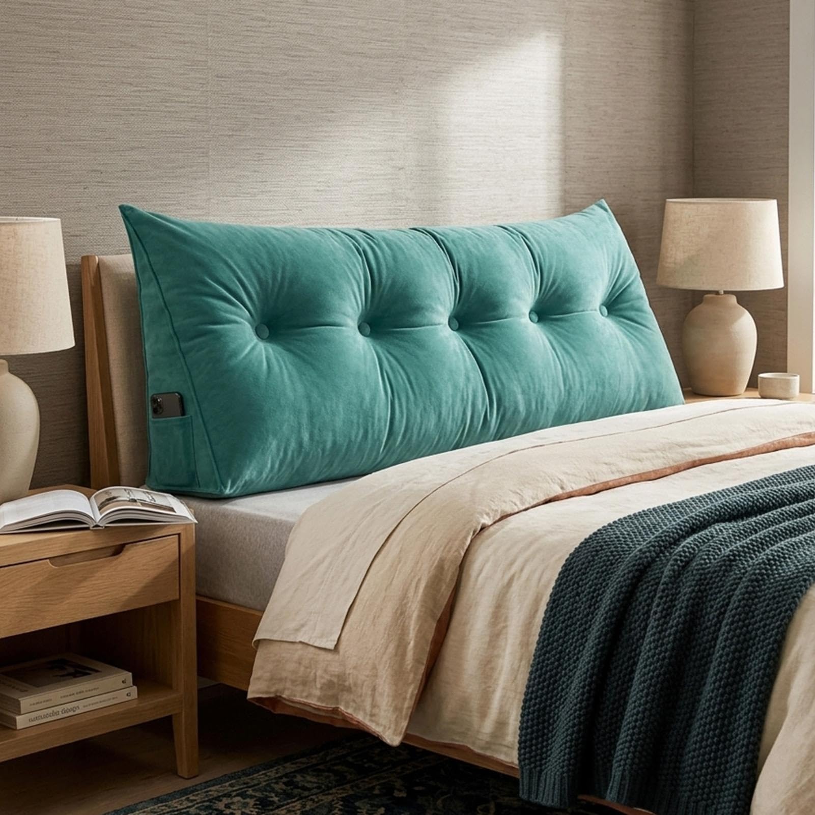 Cuscino Triangolare Supporto per Schiena E Riempimento Spazi Vuoti Letto | Schienale Triangolare per Testiera, Fodera Lavabile E Tasca Laterale, Ideale per Letto, Dormitorio O Divano