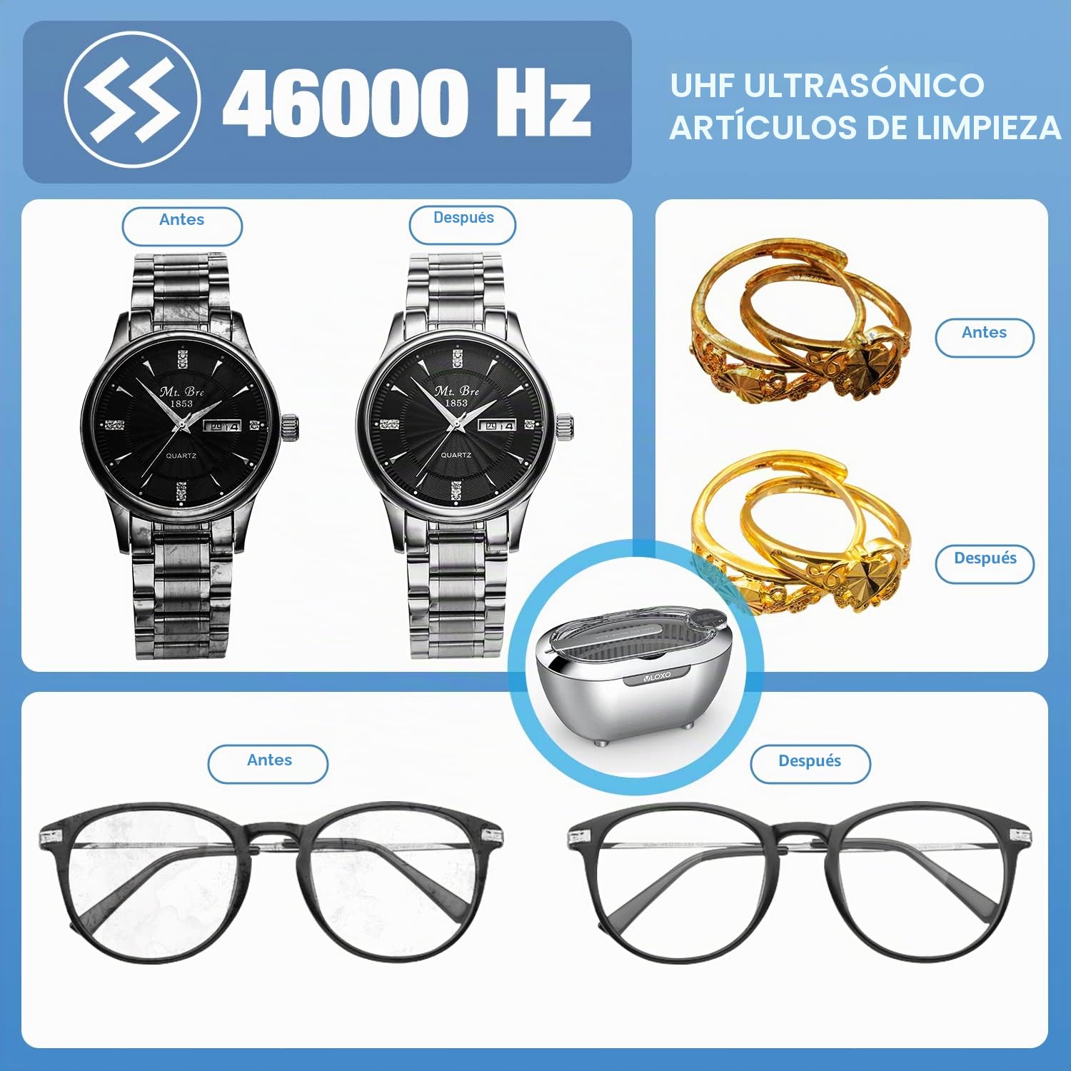 Limpiador Ultrasonidos,VLOXO CD-3840 Ultrasonidos Limpieza 700MlL 40-46KHZ Limpiador de Gafas con 5 Configuraciones de Temporizador (Plateado)