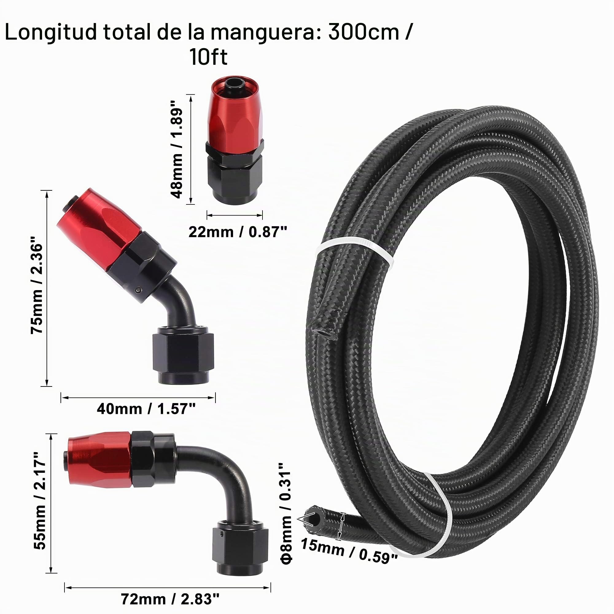 X AUTOHAUX Manguera De Combustible Trenzada CPE 10ft 3/8" Kit Para Coche | AN6, 8mm ID, 15mm OD; 10Pies; Incluye 2 Rectas, 2 De 45°, 2 De 90°, 6 Juntas; Fácil Instalación; Sin Fugas Alta Presión