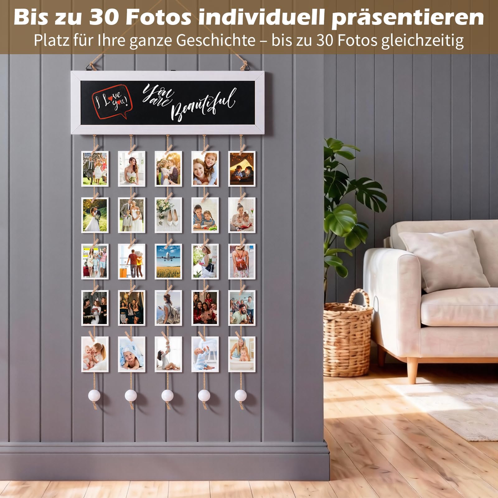 Meetory Zasłona na zdjęcia z 30 drewnianymi klamerkami – ściana na zdjęcia z klamerkami, "zrób to sam", fotogirlanda, ramka na zdjęcia, kolaż z 5 linkami konopnymi, 3 magnesy do dekoracji, wystawy