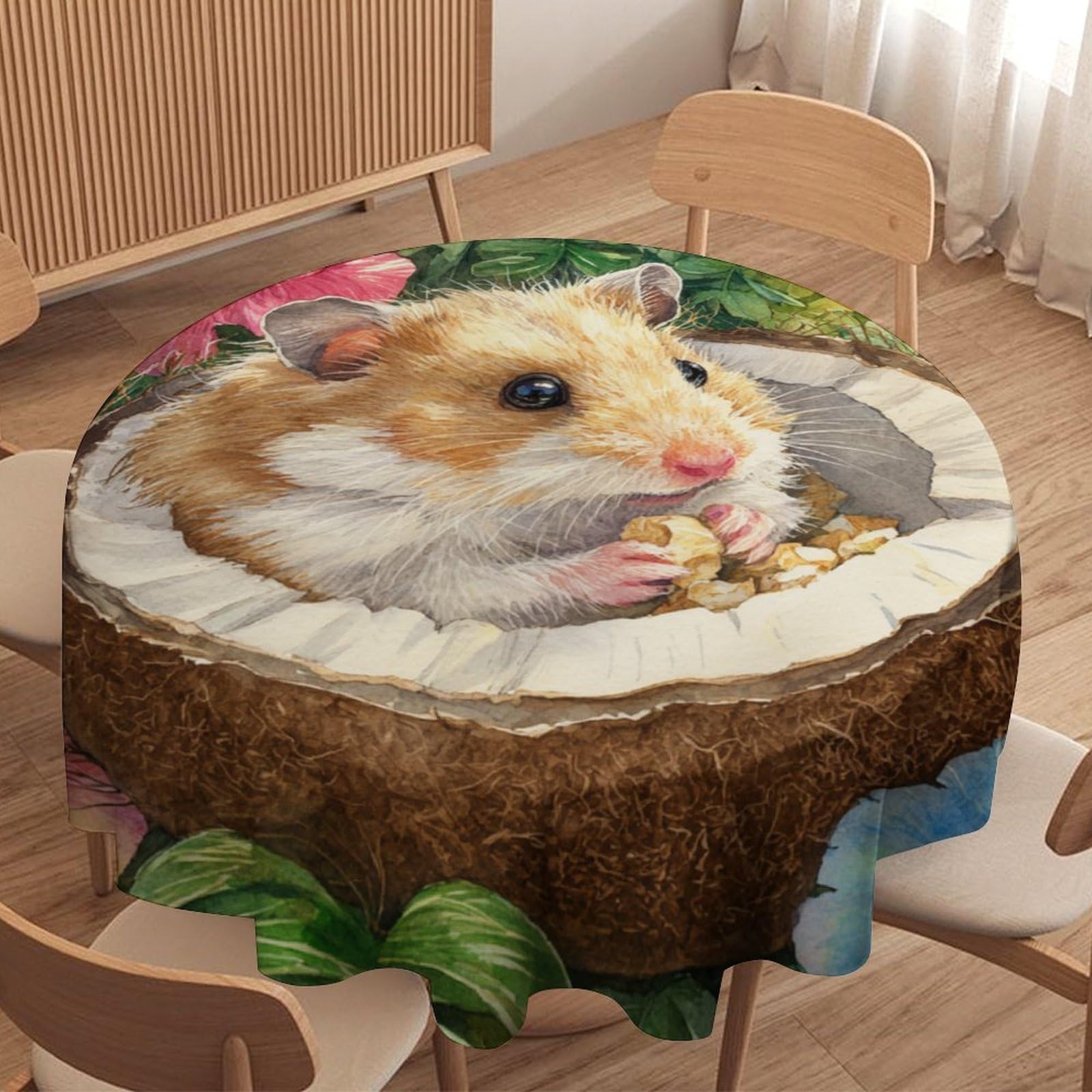 LUYYSKY Classic Beautiful Cute Hamster Round Tablecloth Funny Oil Painting Plant Palm Leaves Animals Hamster Floral Washable Decor for Table Cover for Kitchen-127 Wx127 L cm