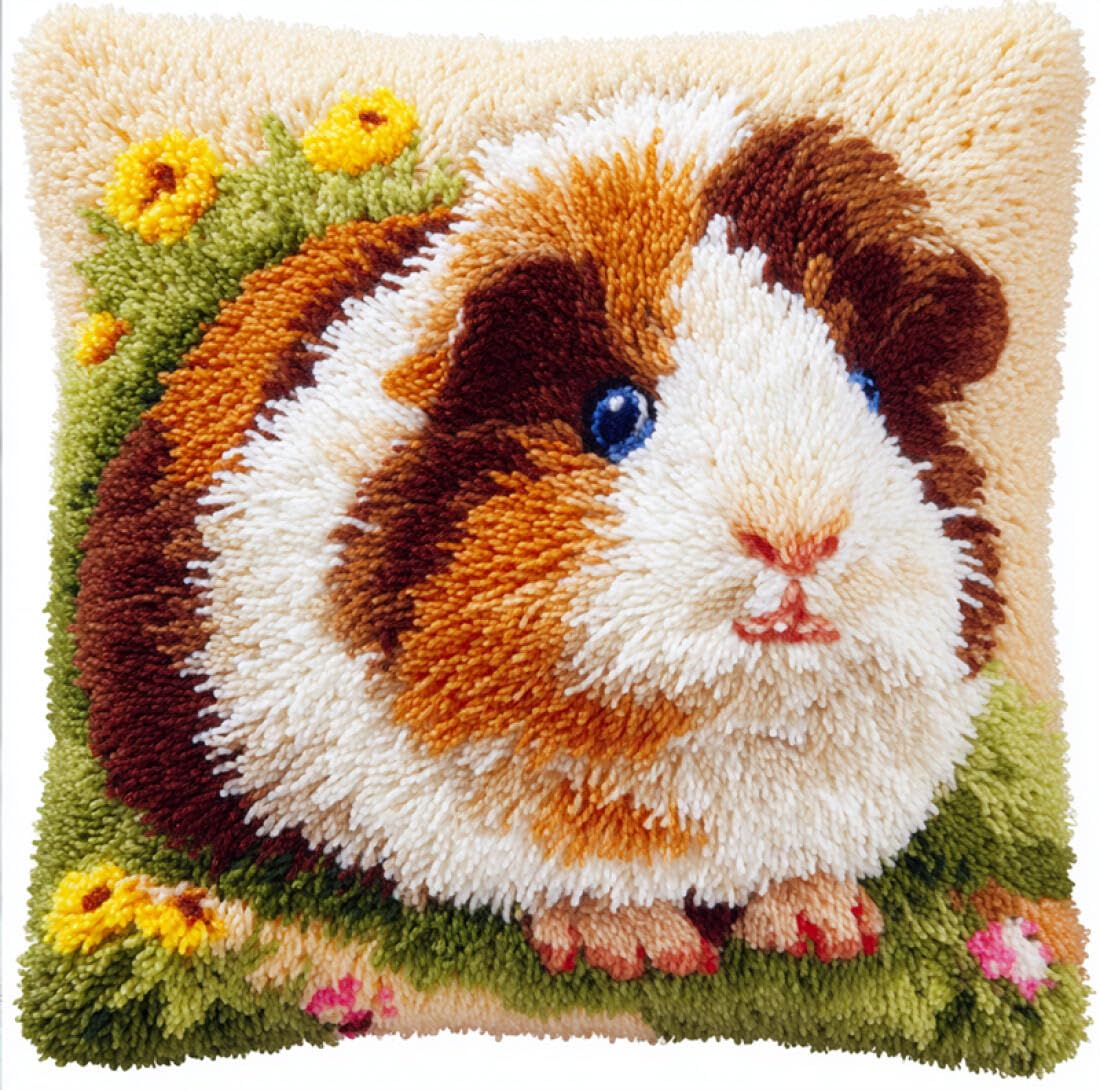 Kitquiver Animal Latch Hook Kits for Adults Cartoon Guinea Pig DIY Tapestry Throw Pillow Cover Needlepoint Cushion Kits for Home Décor Needlework Kit for Beginners 17x17In